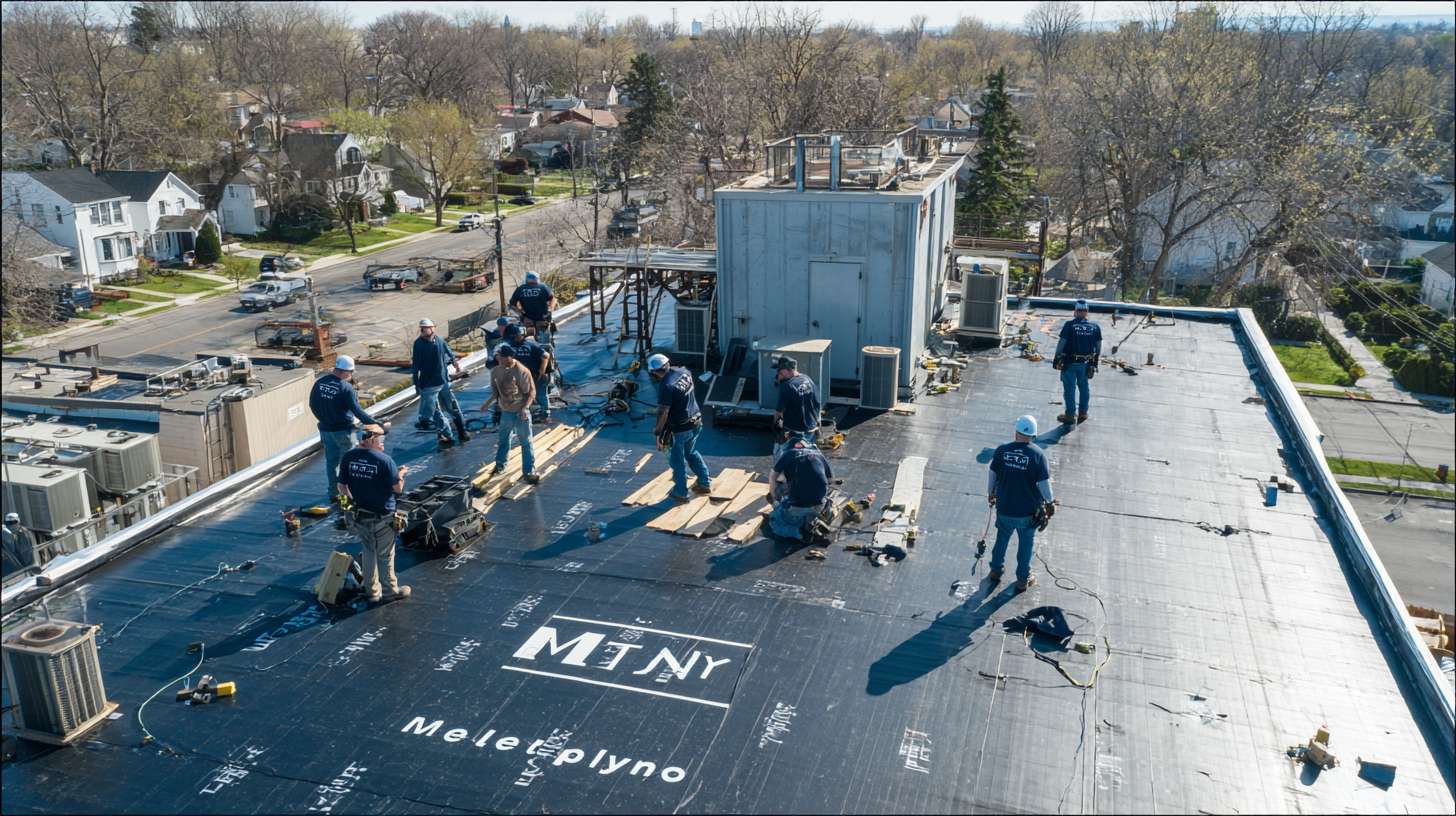 Stainless steel railing posts securely mounted to flat roof deck surface in Nassau County