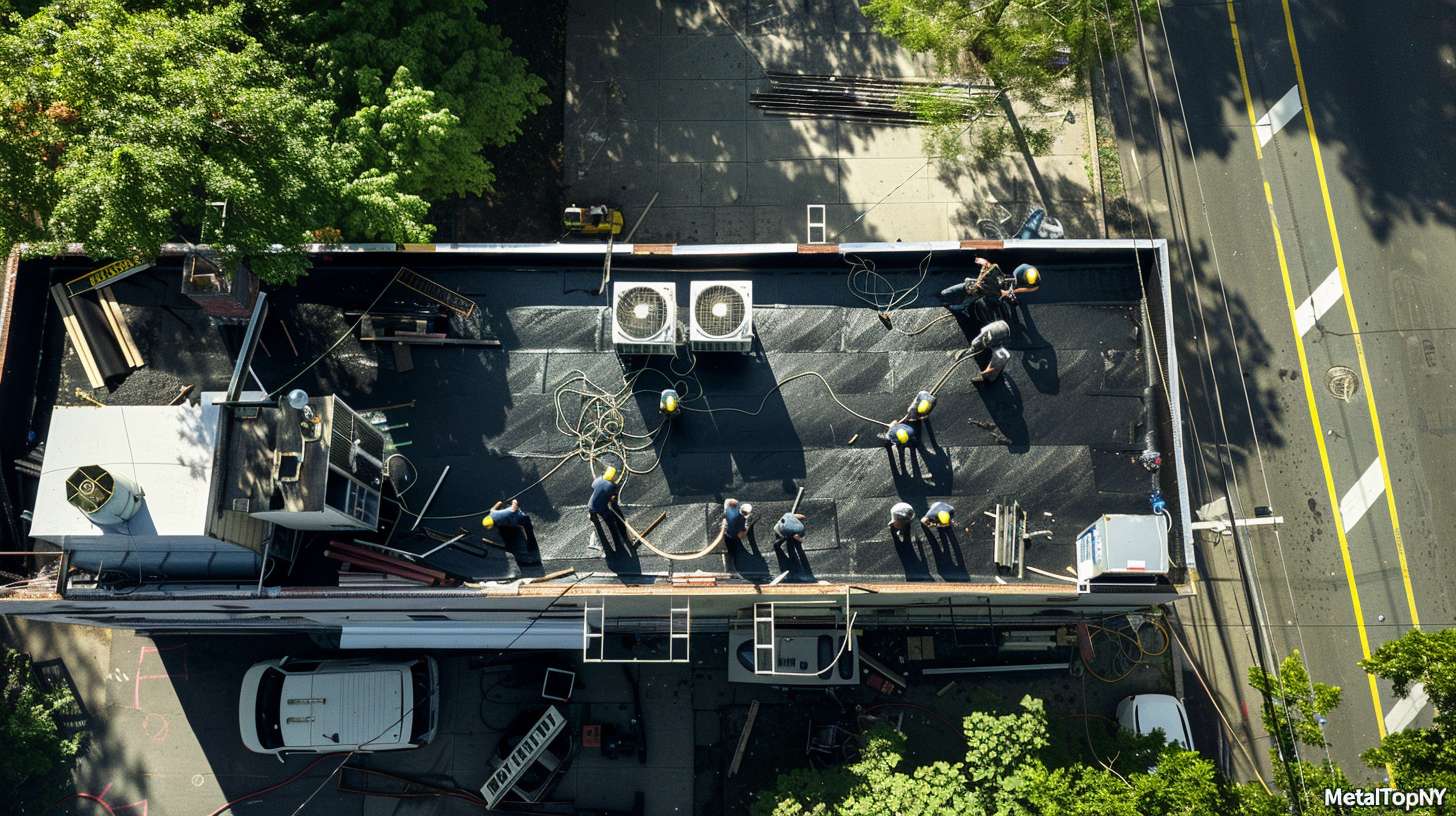 Commercial flat roof installation on Baldwin building with white membrane coating Residential home in Baldwin with newly installed flat roofing system Professional roofers applying waterproof membrane to flat commercial roof Close-up of durable EPDM rubber roofing material for flat roof Flat roof repair work being performed on Baldwin residential property Worker sealing seams on commercial flat roof in Baldwin area Completed flat roof project showing smooth white reflective surface