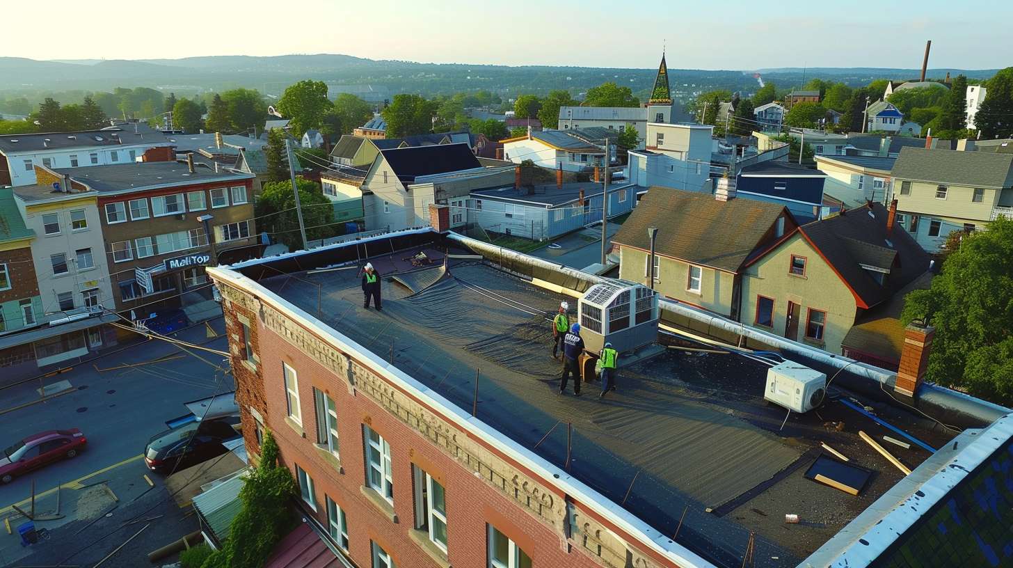 Fiberglass flat roof installation on commercial building in Nassau County Contractor examining fiberglass roofing materials and cost estimates Close-up of durable fiberglass flat roof surface with waterproof coating Nassau County residential home with newly installed fiberglass flat roof Roofing professional applying fiberglass membrane to flat roof structure