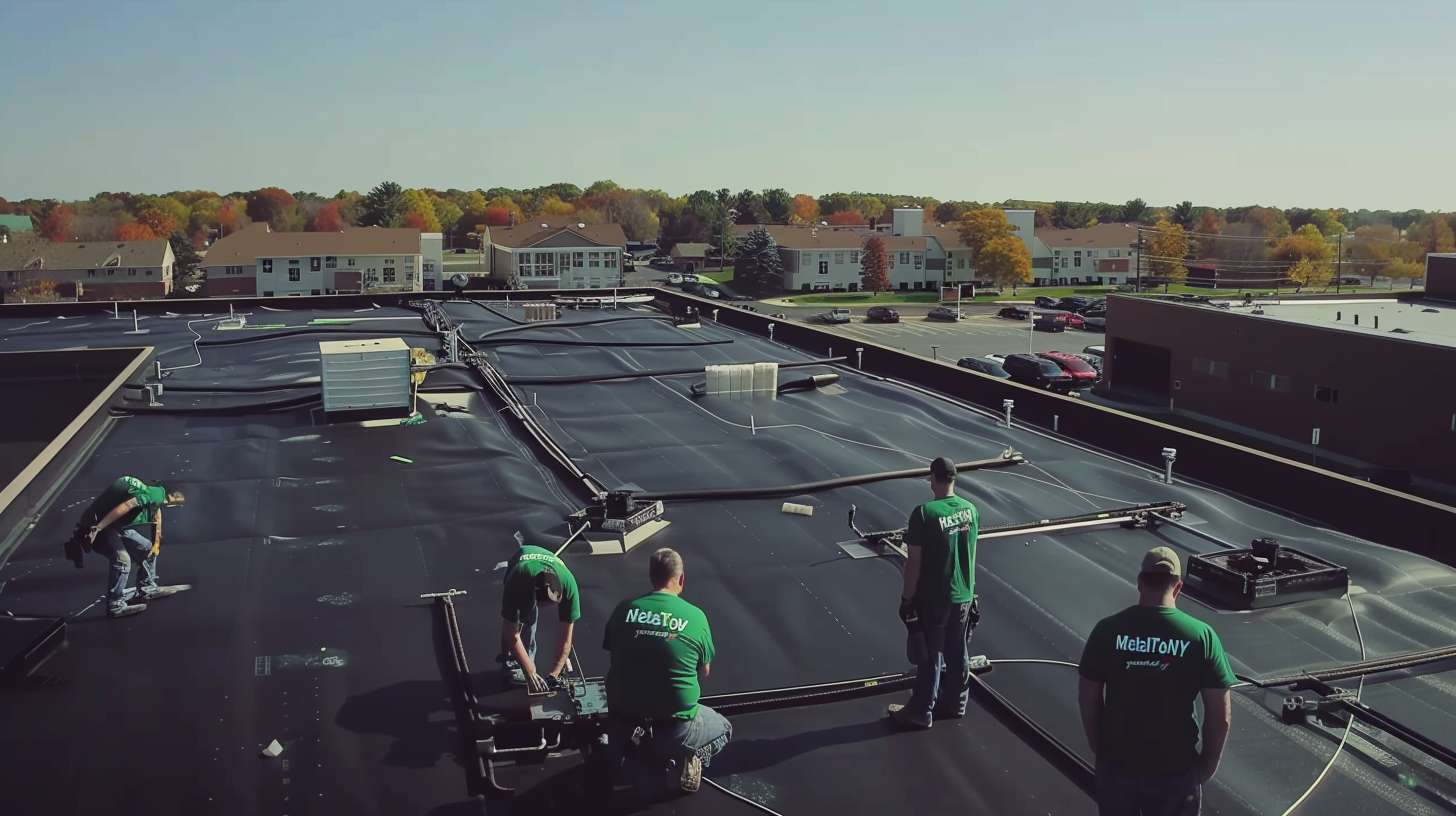 Professional technician installing bathroom ventilation fan on flat roof in Nassau County