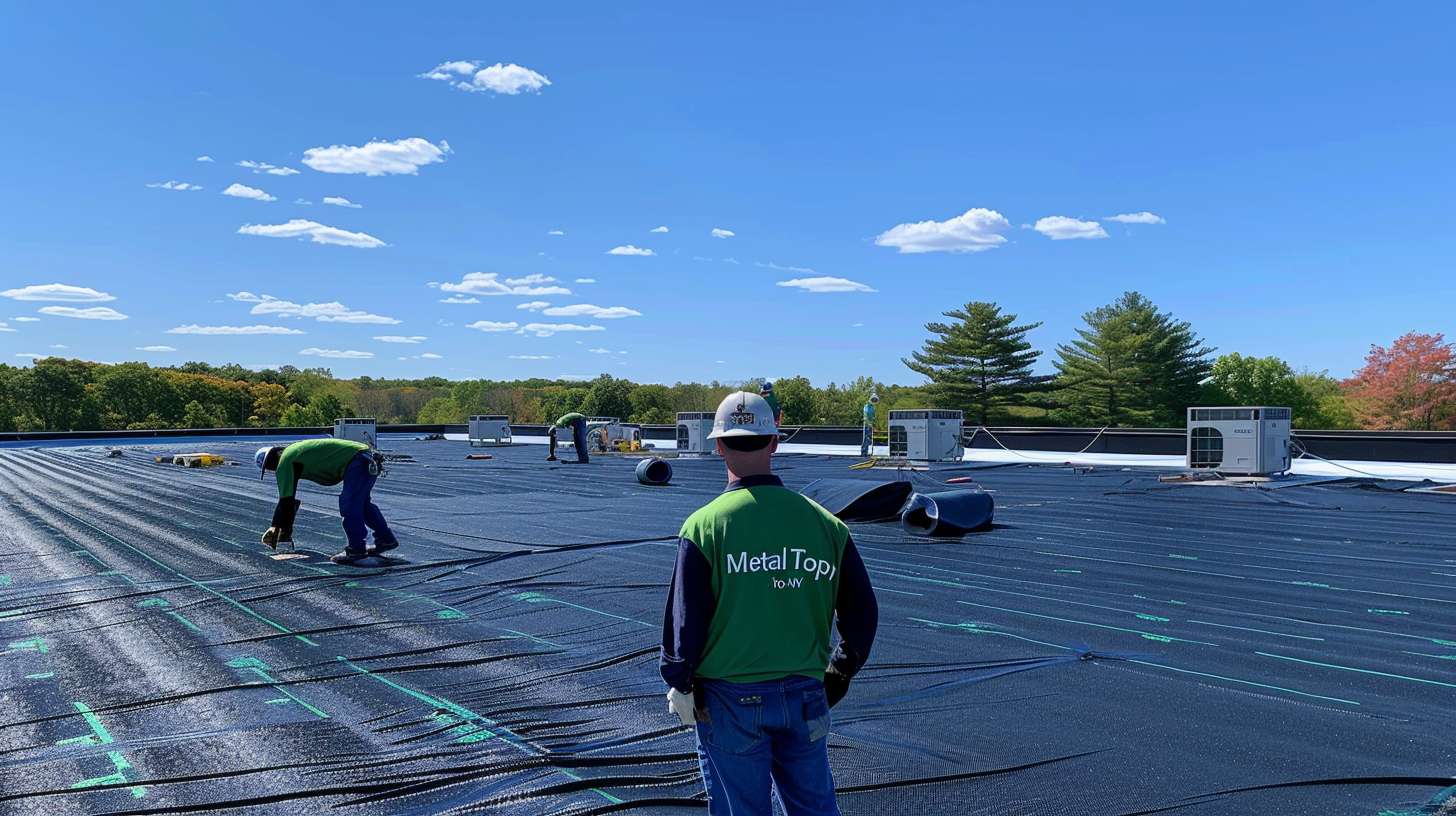 Professional roofer repairing ponding water issues on a flat roof in Nassau County