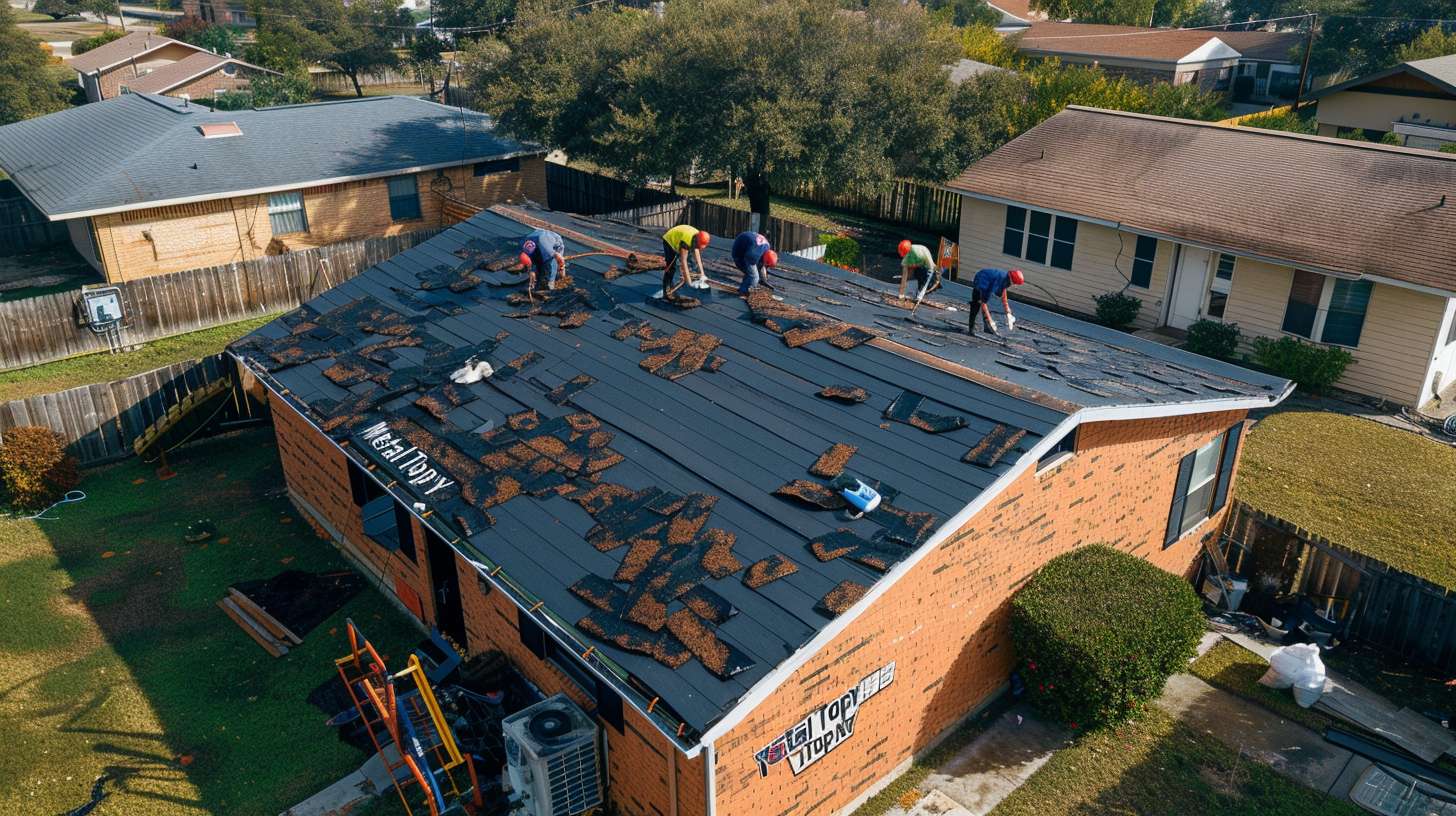 Professional roofer repairing a flat roof leak in Nassau County
