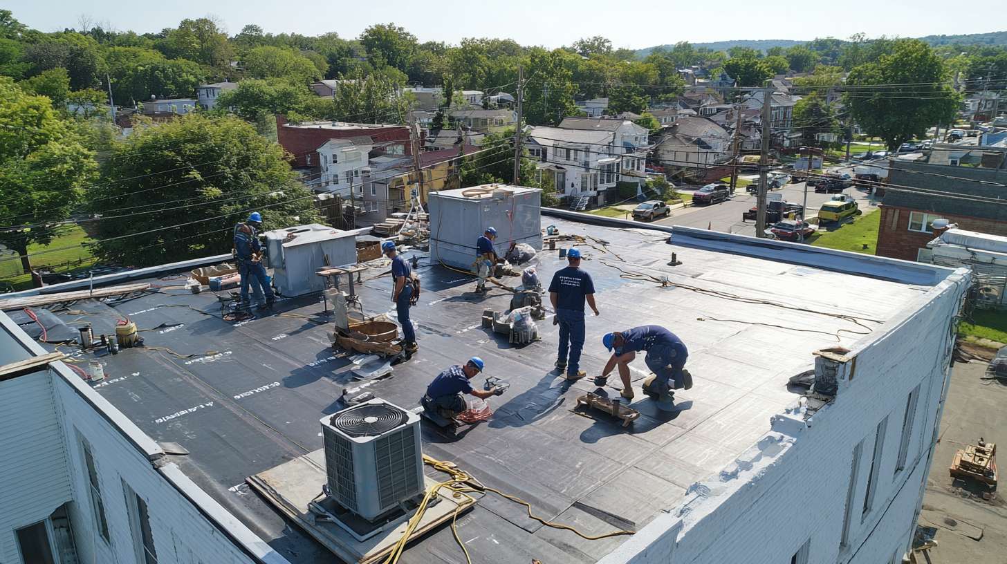 Flat roof with standing water pooling after rainfall in Nassau County Roofing contractor inspecting ponding water damage on commercial flat roof Professional roofer applying waterproof coating to prevent flat roof ponding Properly sloped flat roof with drainage system eliminating water accumulation Before and after flat roof repair showing eliminated ponding water problem