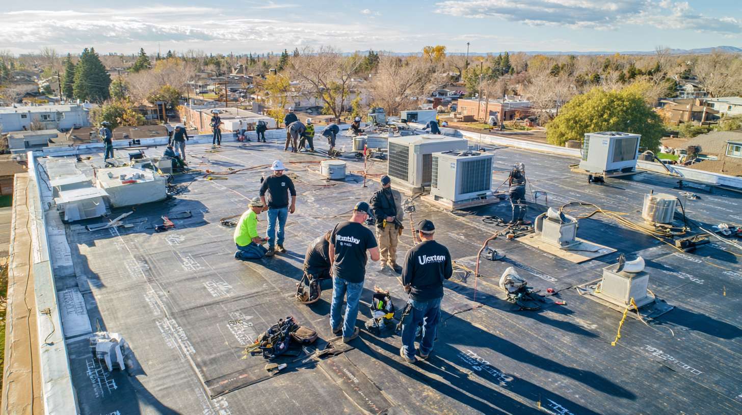 Professional roofer replacing flat roof membrane on commercial building in Kings Point, NY