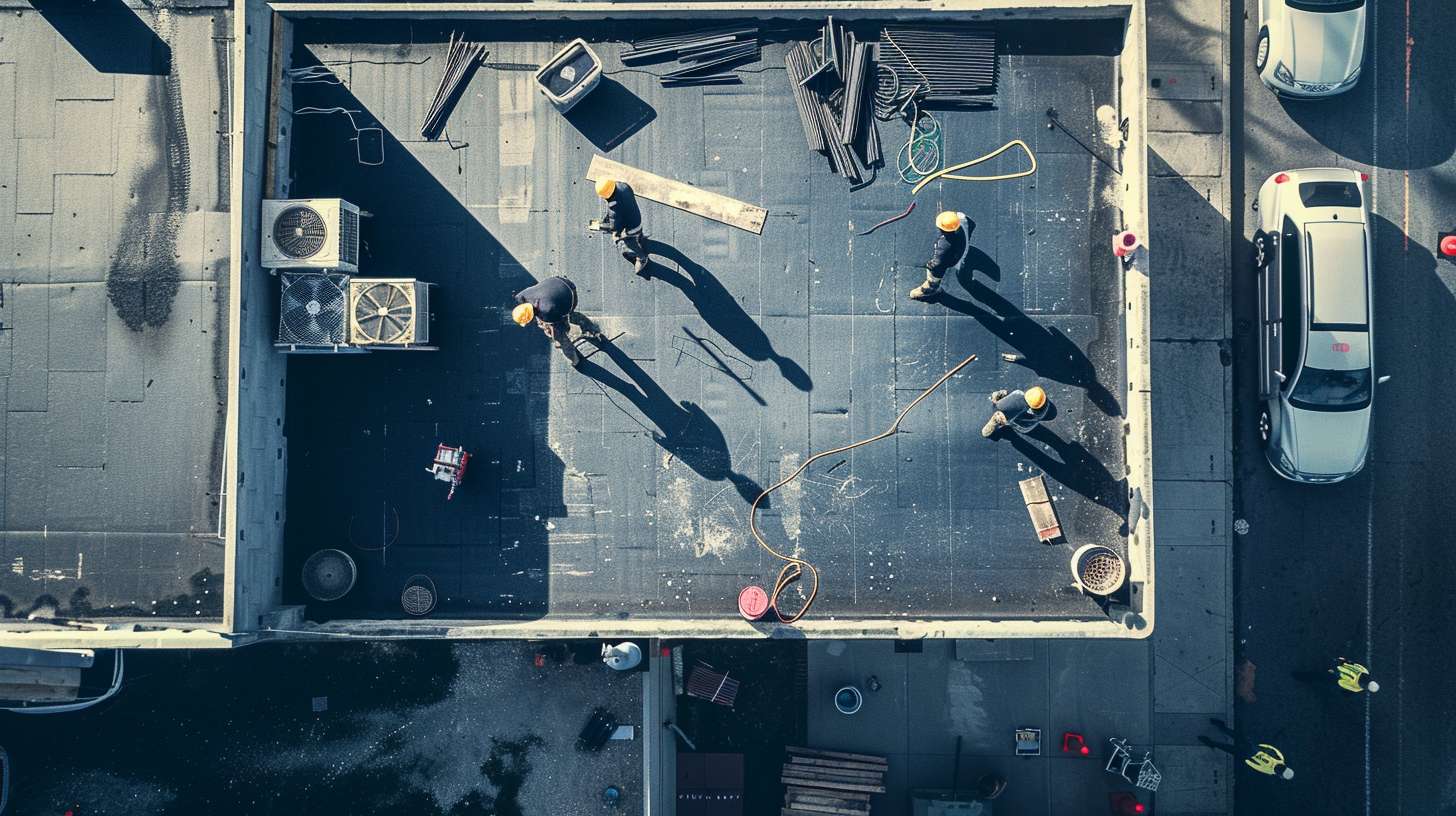 Professional roofer installing a flat roof skylight on a Nassau County home