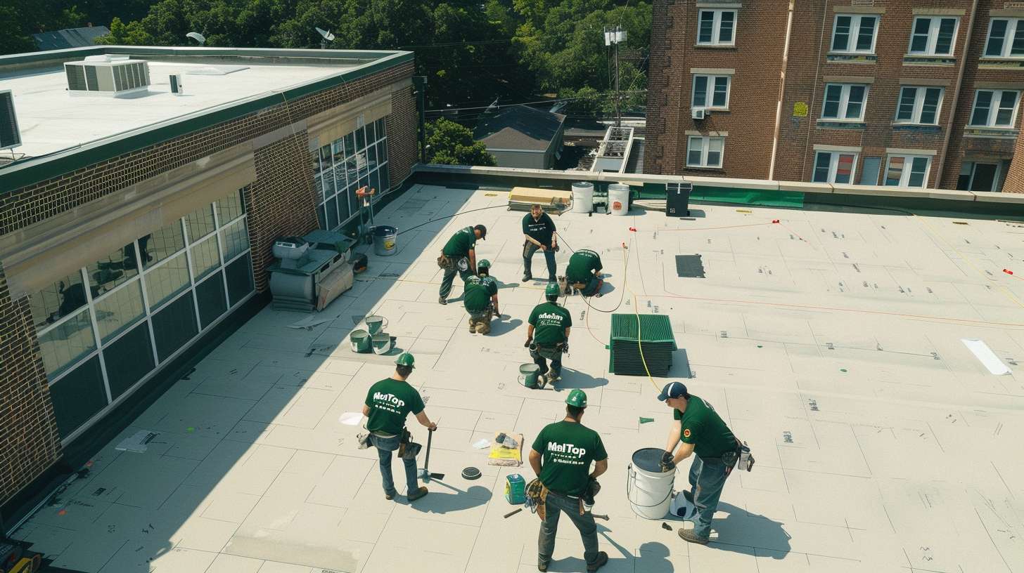 Professional roofer inspecting refurbished flat roof in Nassau County residential area Maintenance tools and materials for flat roof repair laid out on roofing surface Close-up of waterproof coating being applied to flat roof membrane Damaged flat roof showing wear before refurbishment work begins Nassau County home with newly refurbished flat roof under clear sky Roofer performing drainage inspection on commercial flat roof Seamless flat roof membrane installation on Nassau County building
