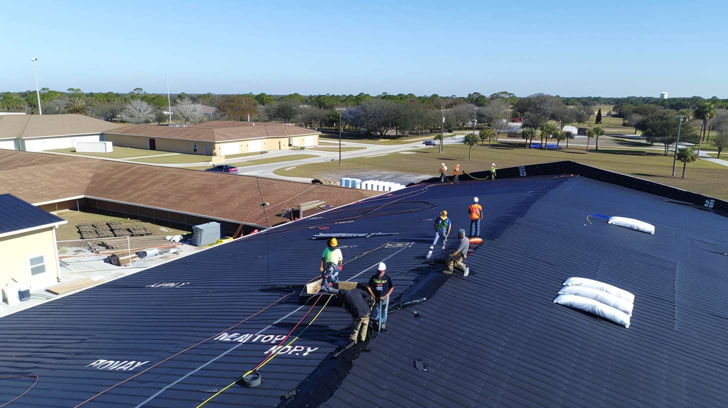 Professional roofer installing new flat roof membrane on Nassau County commercial building