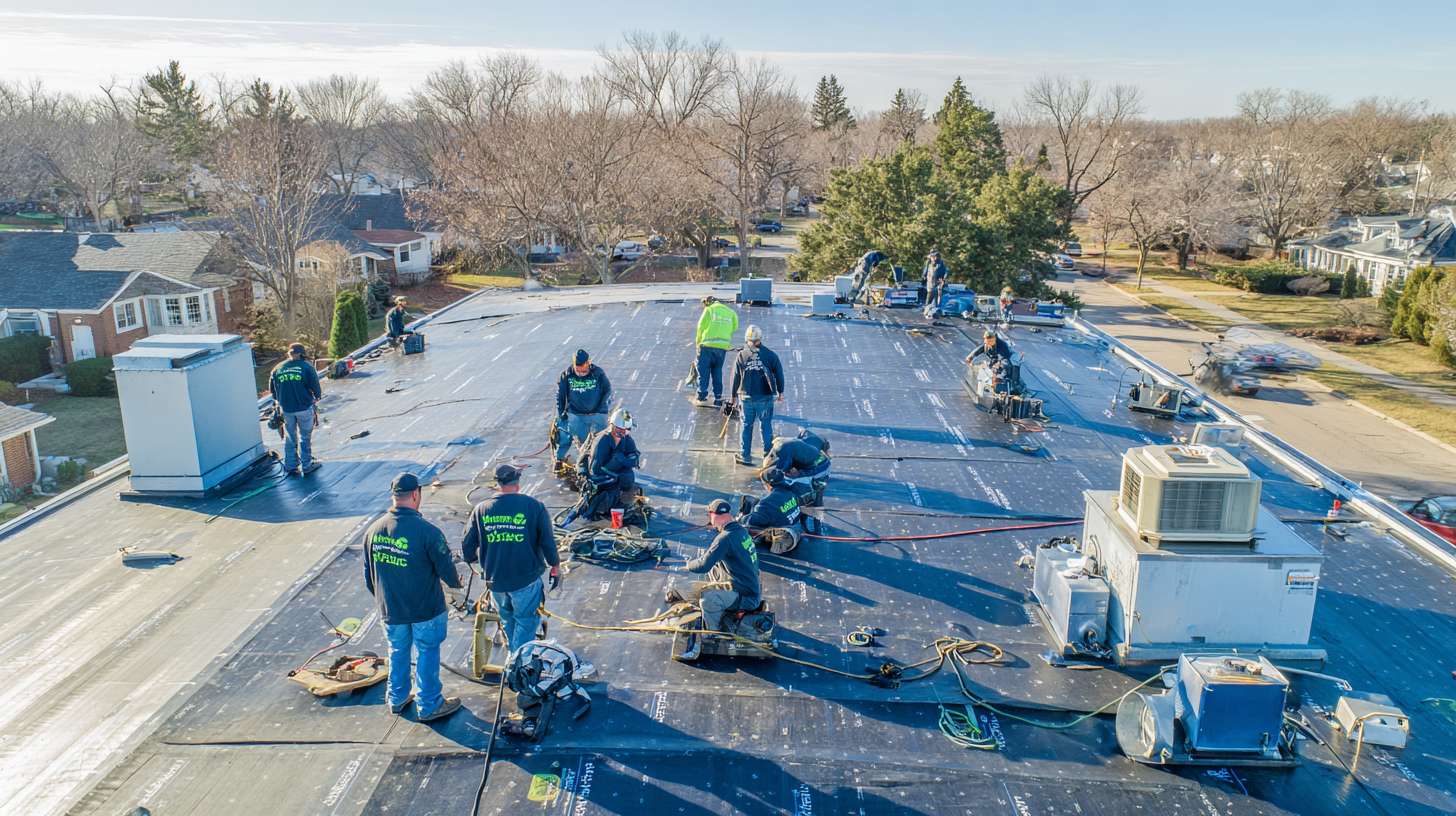 Professional roofer installing protective caps on a flat roof in Nassau County
