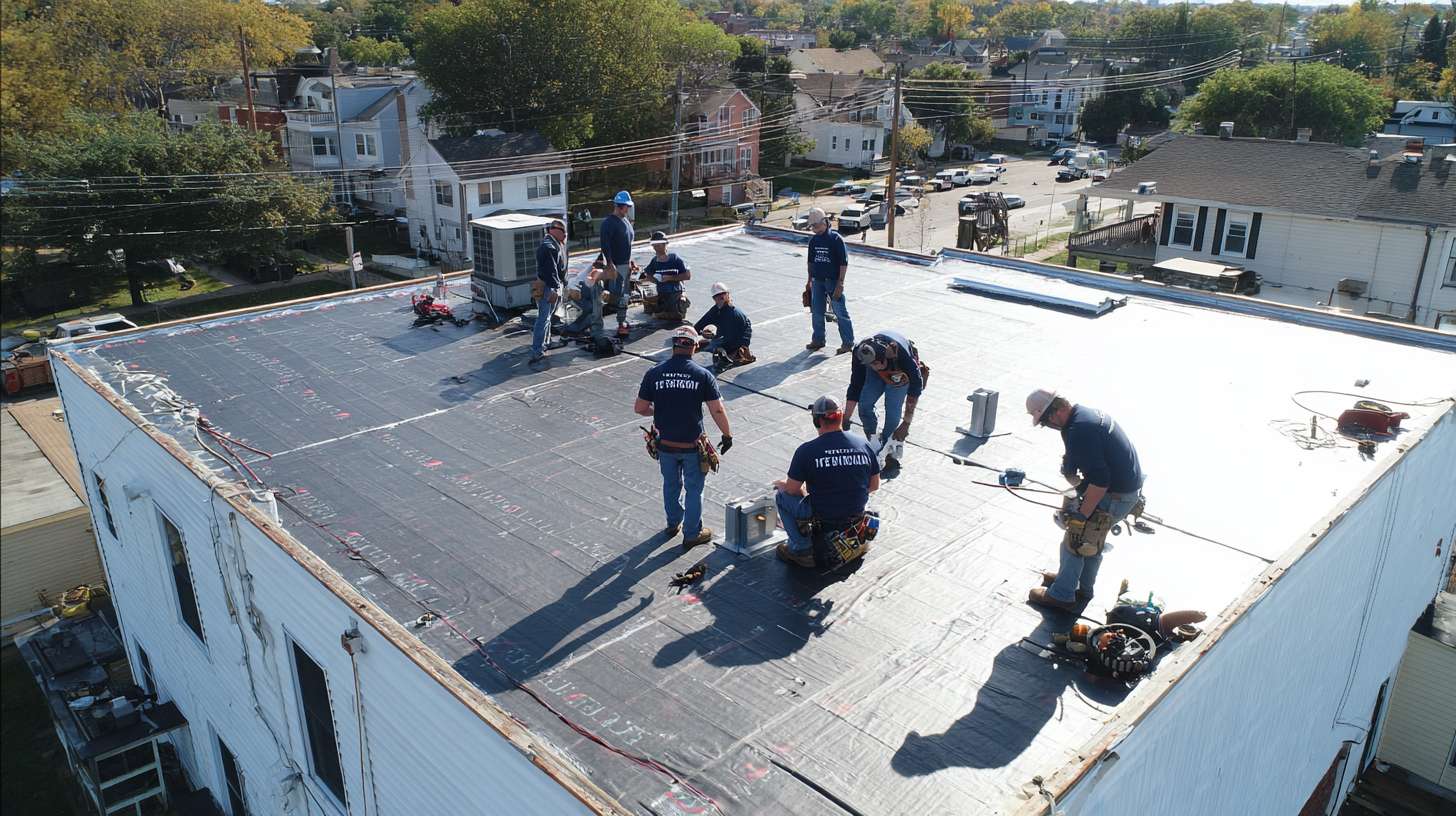 Professional contractor installing safety fencing on a flat commercial roof in Nassau County