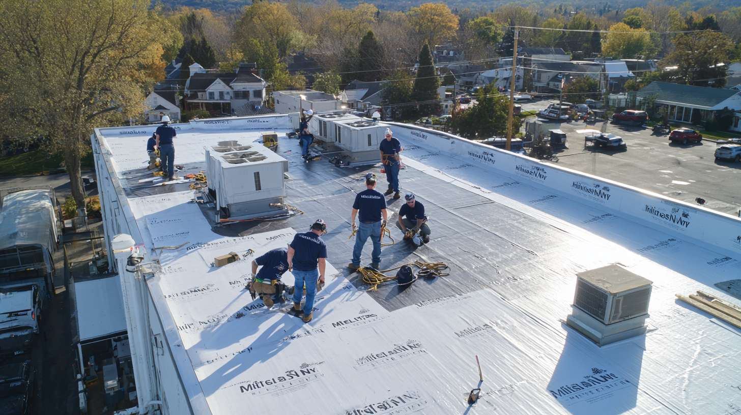 Professional roofer installing fiberglass flat roofing system on commercial building in Nassau County