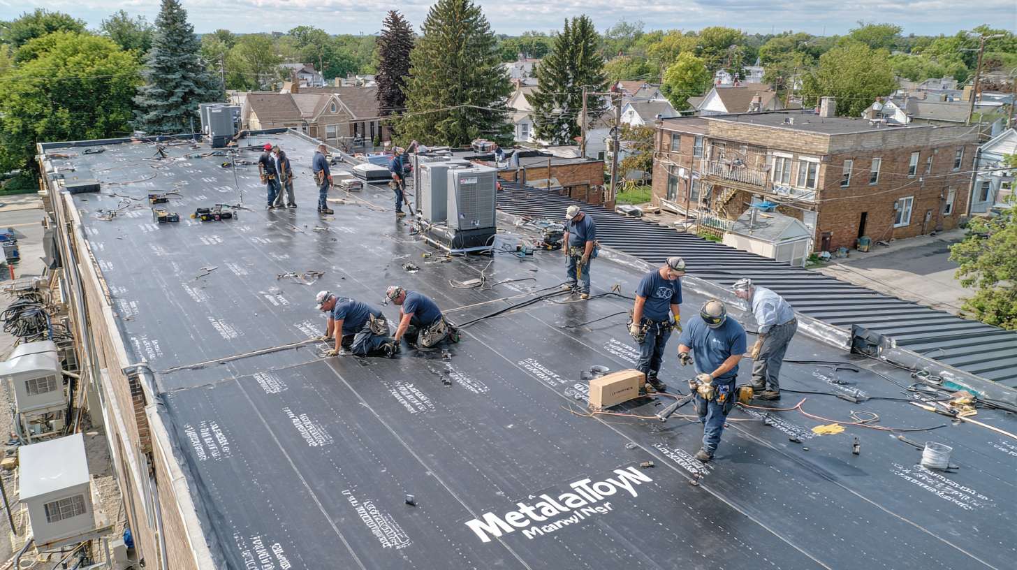 Professional roofer installing waterproof decking material on flat roof in Nassau County residential property