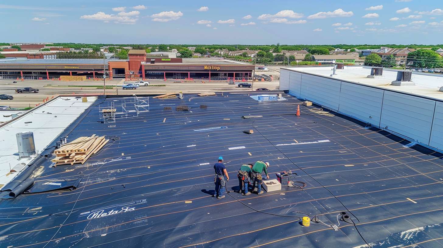 Professional technician securing heat cables along flat roof edge to prevent ice dams in Nassau County