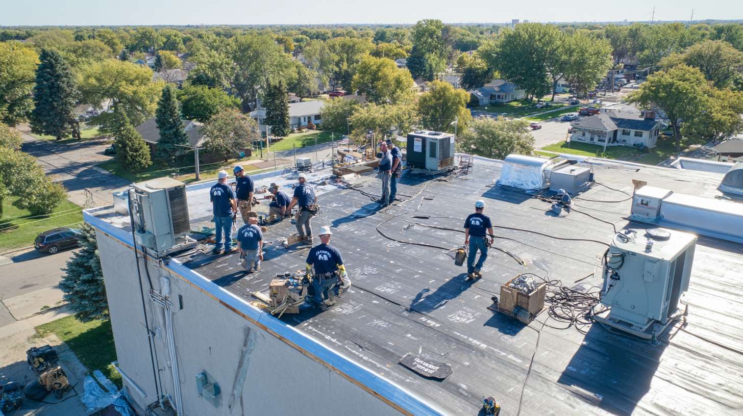 Professional roofer installing roof hatch on flat commercial building in Nassau County