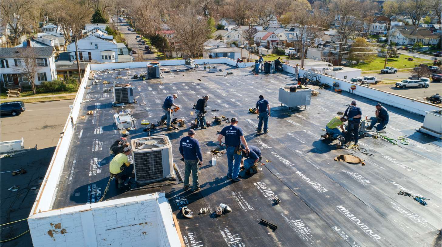 Professional roofer installing scuppers on a flat commercial roof in Nassau County to ensure proper drainage