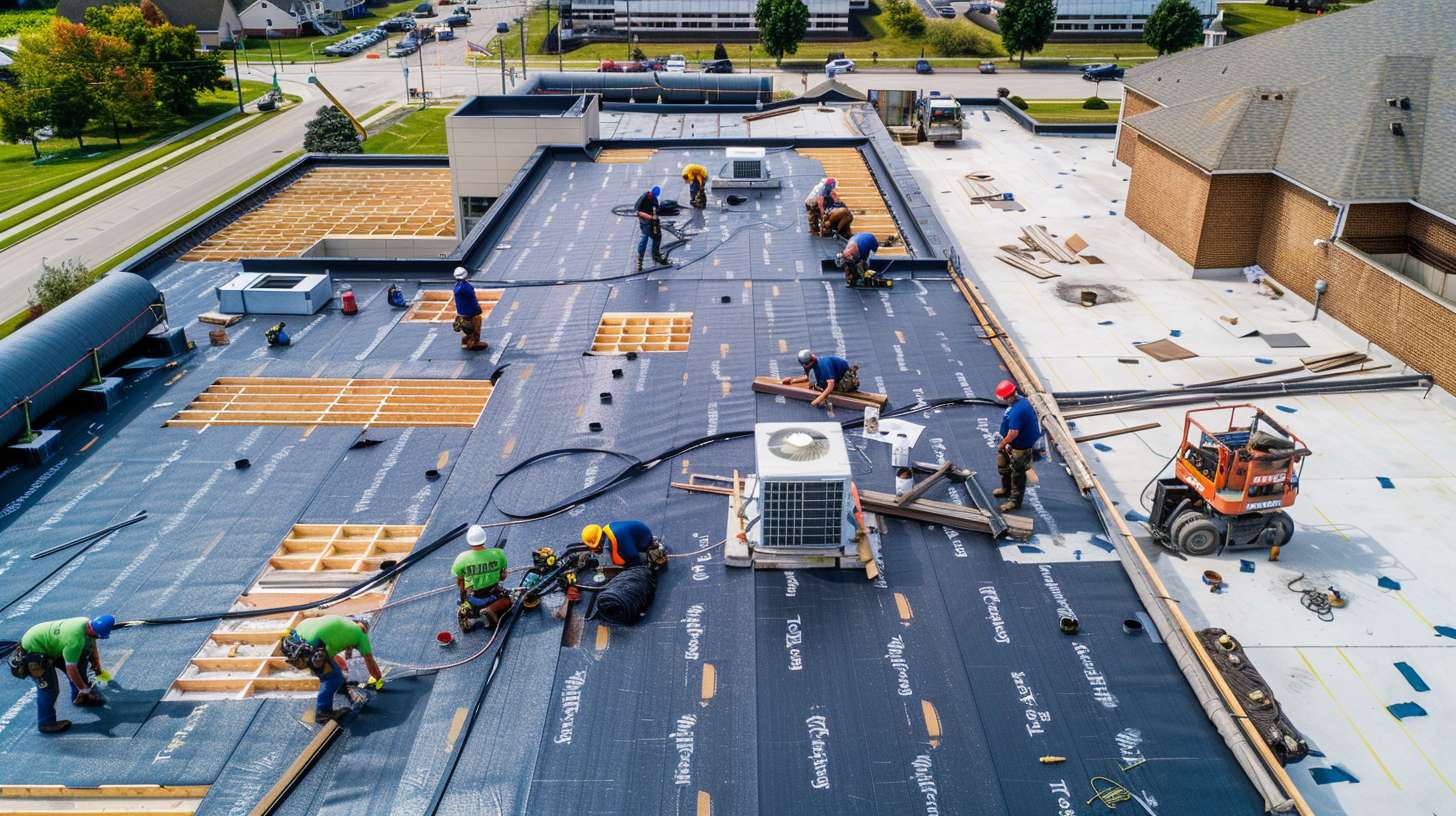 Professional roofer installing vent pipe flashing on flat roof in Nassau County