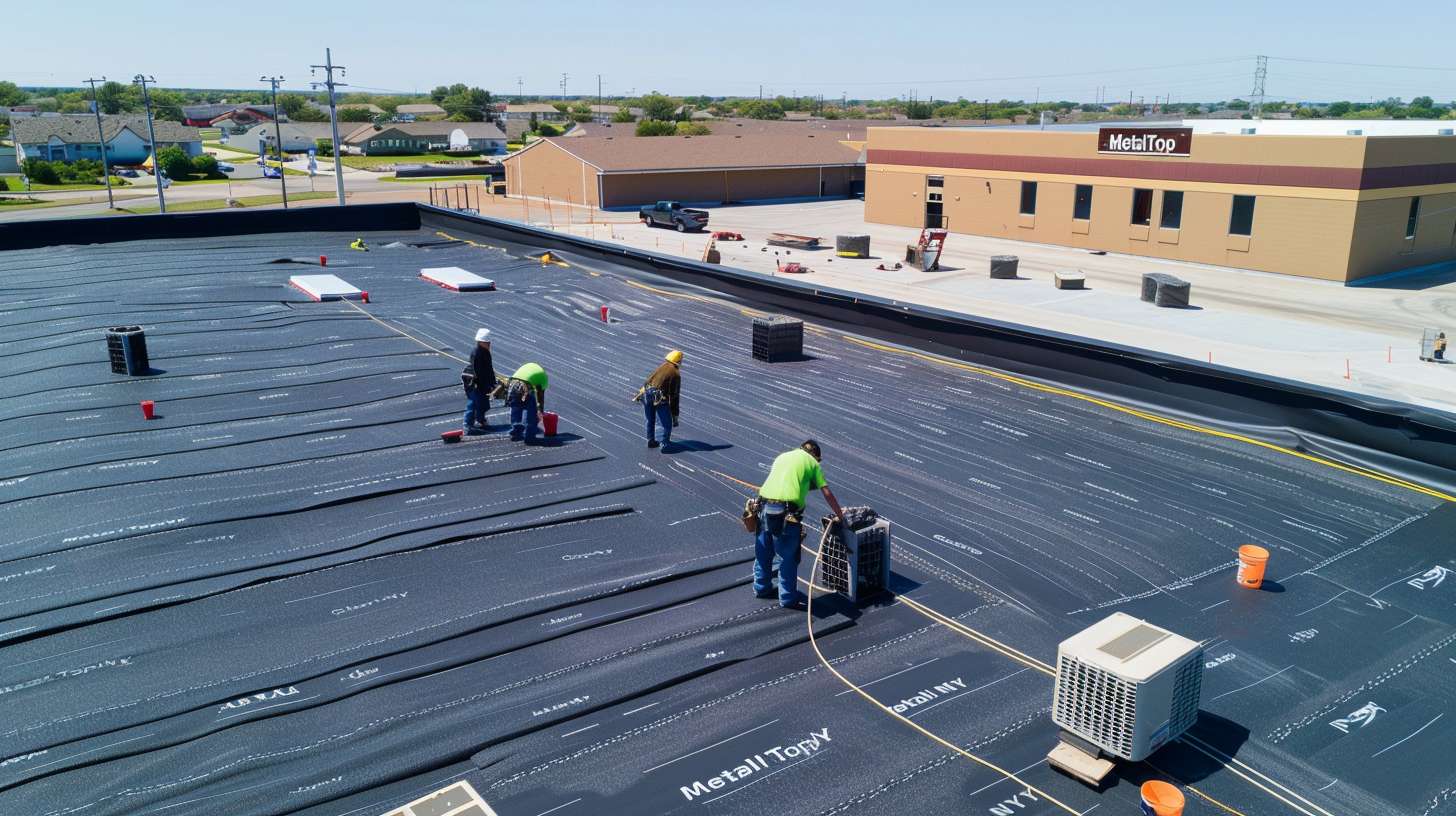 Professional technician removing standing water from flat commercial roof in Nassau County