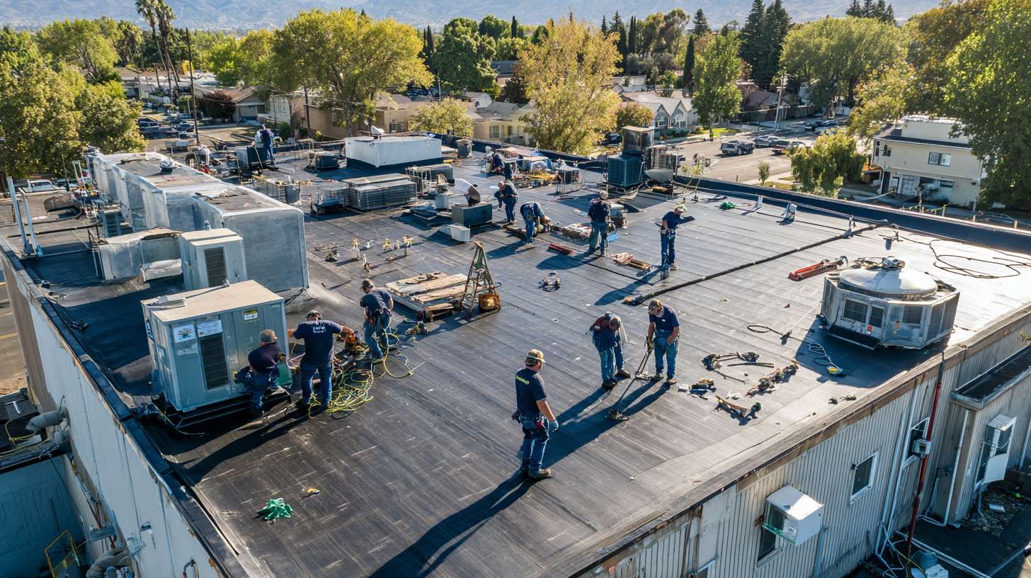 Professional roofer repairing a sagging flat roof on a commercial building in Nassau County