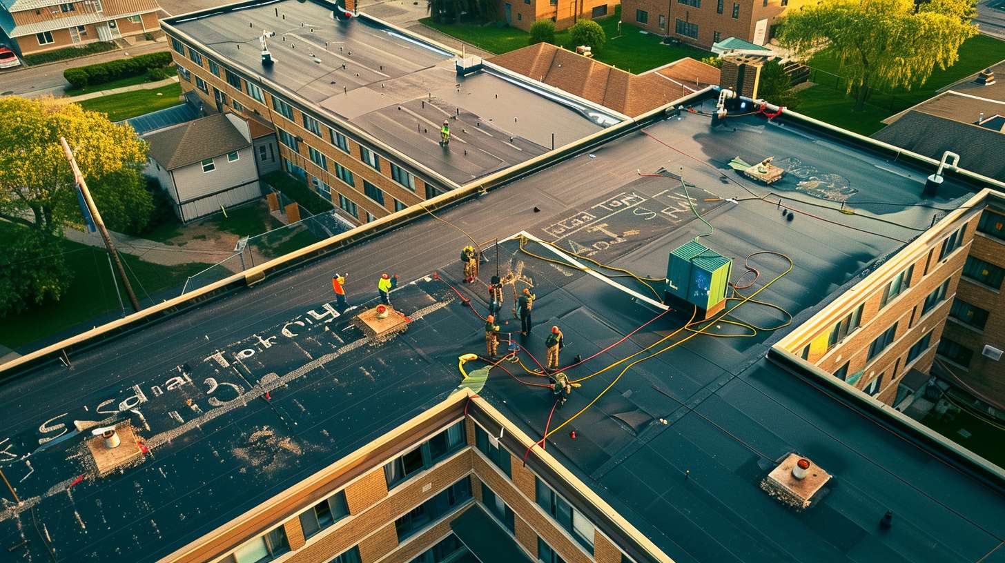Professional roofer applying rubber sealant to flat roof in Nassau County Completed rubber flat roof with waterproof sealing in residential area Close-up of EPDM rubber roofing membrane installation on flat surface Roofing contractor inspecting sealed flat roof for quality assurance Drone view of commercial flat roof with rubber membrane in Nassau County