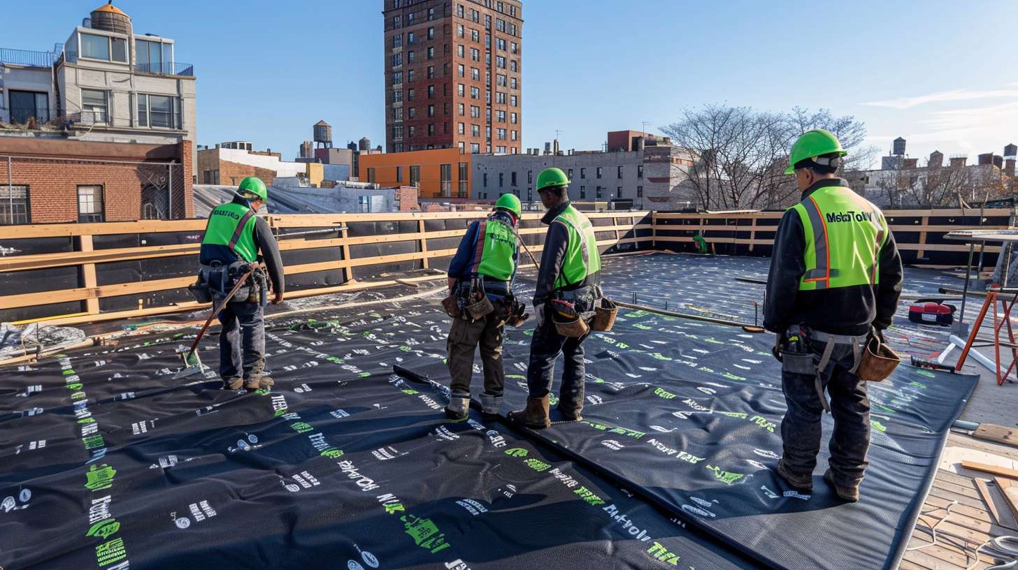 Timber flat roof construction detail showing layered building materials and structural components in Nassau County