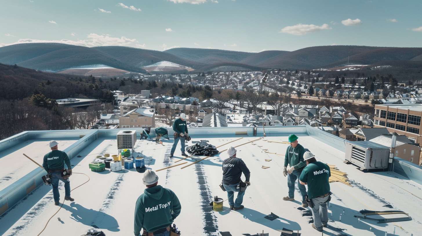 Commercial flat roof installation on Nassau County building with workers applying roofing materials