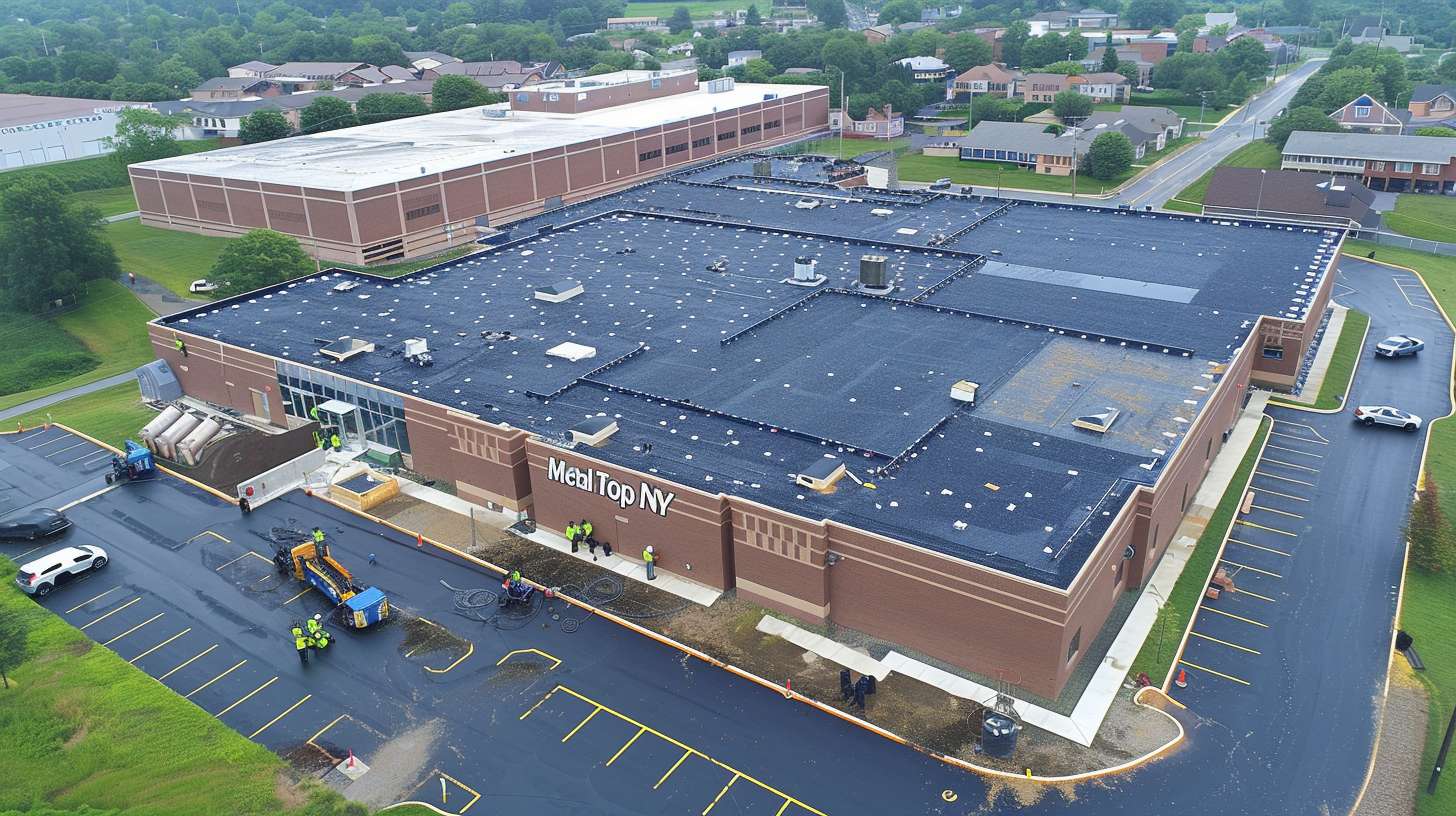Professional flat roof installation on commercial building in Inwood, NY Skilled roofer repairing flat roof membrane with specialized tools Completed flat roof system showing seamless waterproof surface Roofing crew applying EPDM rubber roofing material on flat surface Close-up of flat roof drainage system and flashing details Before and after comparison of flat roof restoration in Inwood