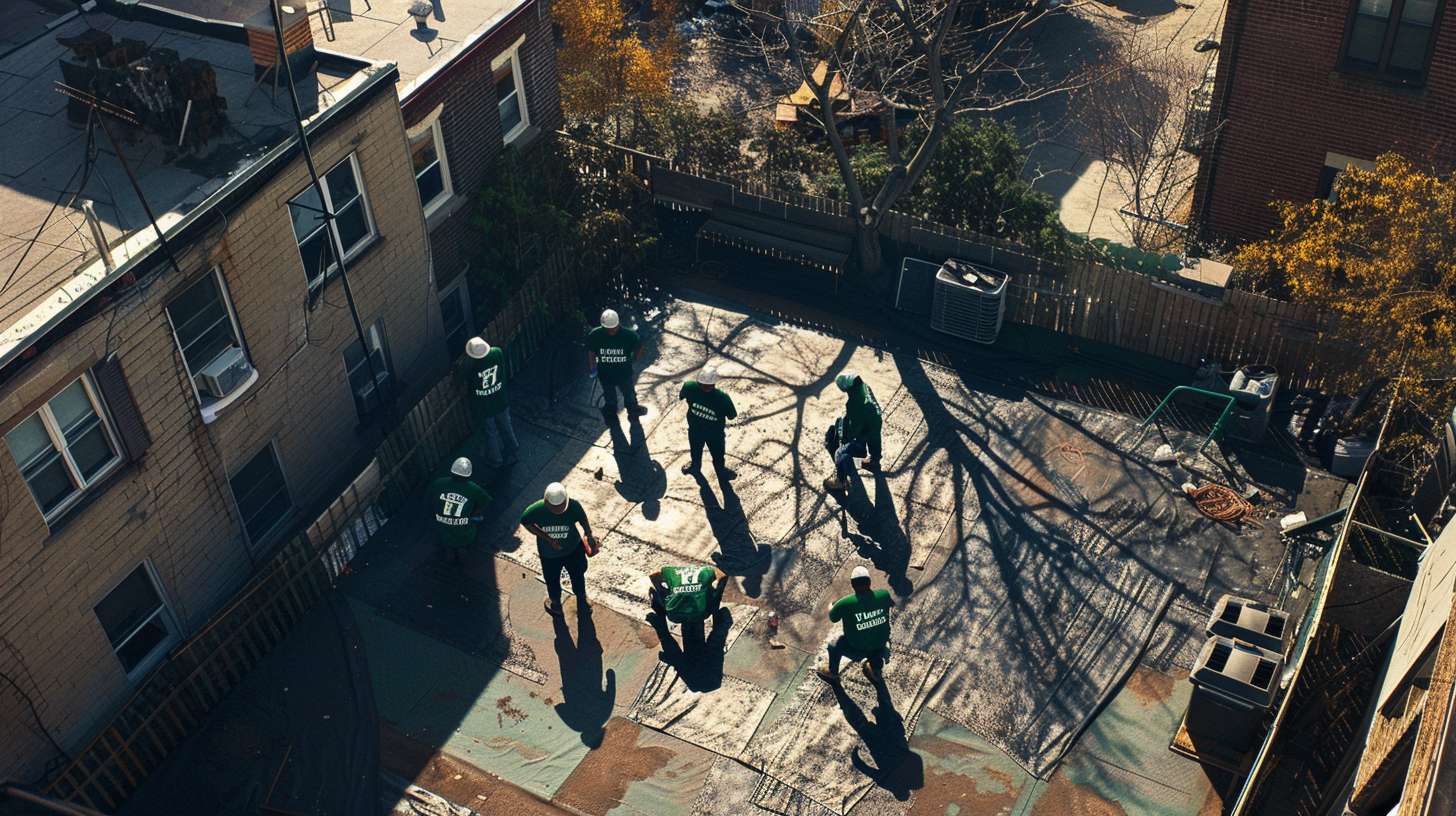 Professional roofer inspecting and repairing flat roof in Meacham, NY