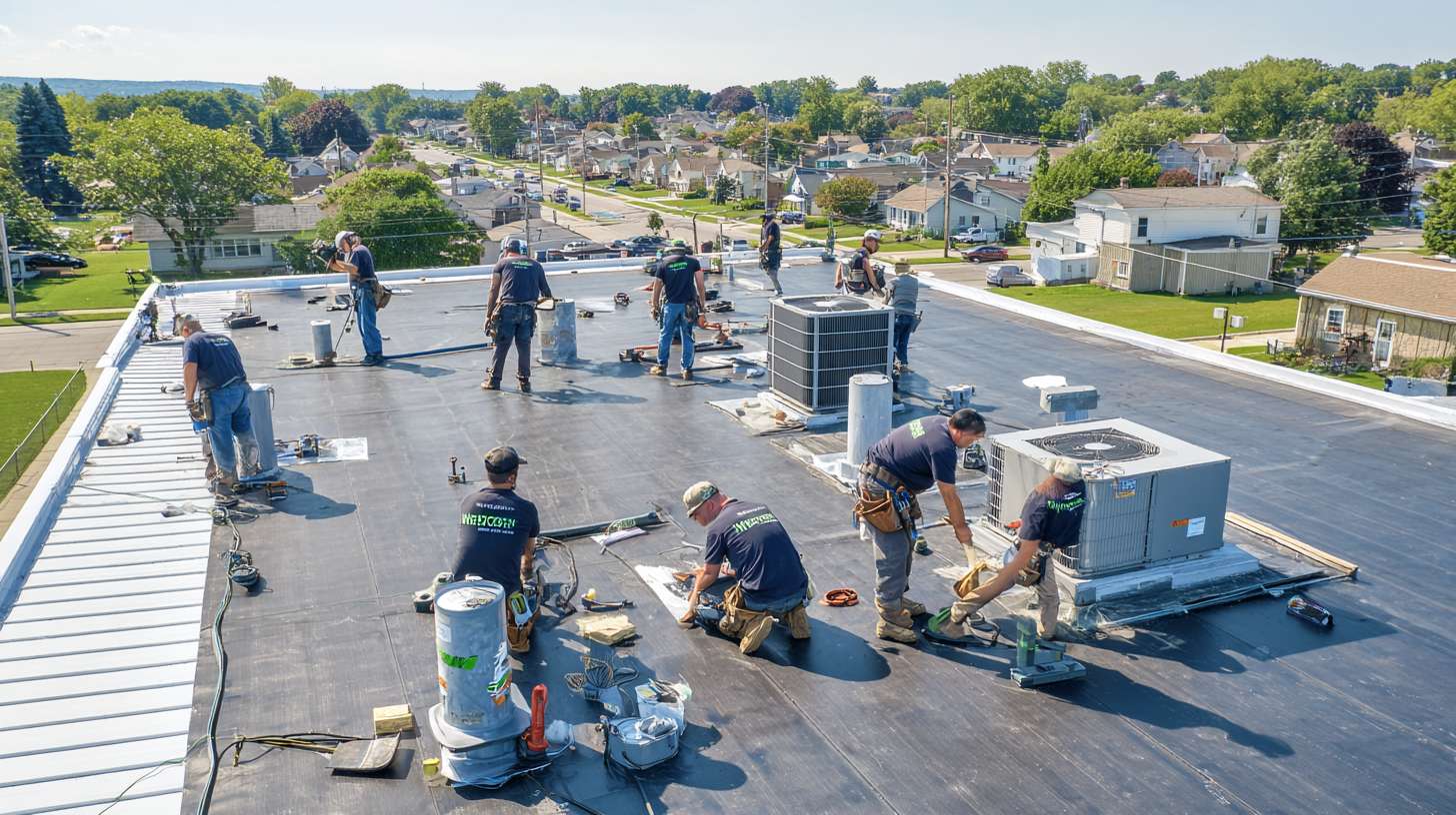 Professional flat roof contractor installing commercial roofing system in Floral Park