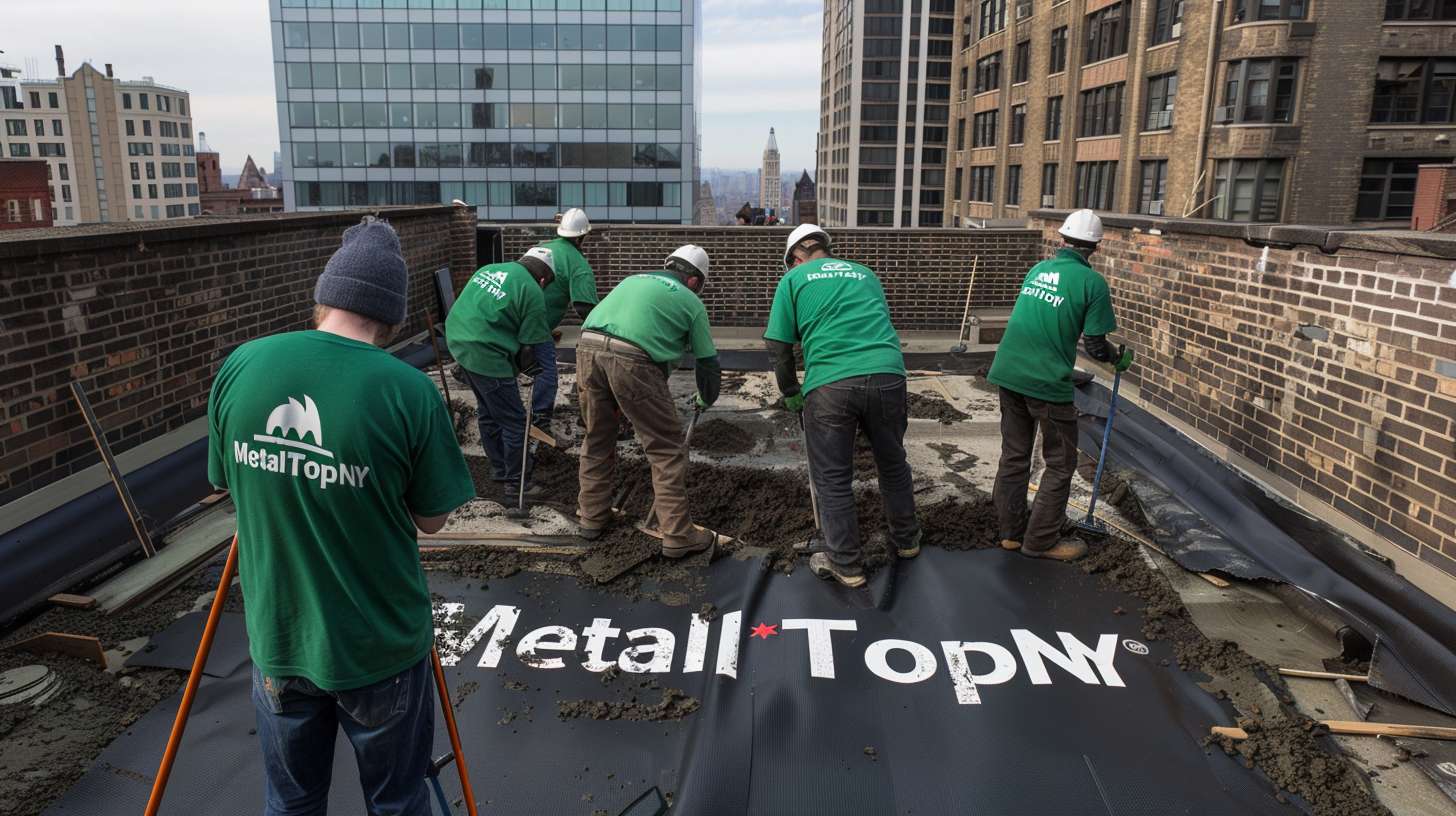 Flat roof installation on residential home in Nassau County Professional roofer measuring flat roof for cost estimate Modern flat roof with waterproof membrane coating Close-up of flat roofing materials and installation tools Completed flat roof project on Nassau County building