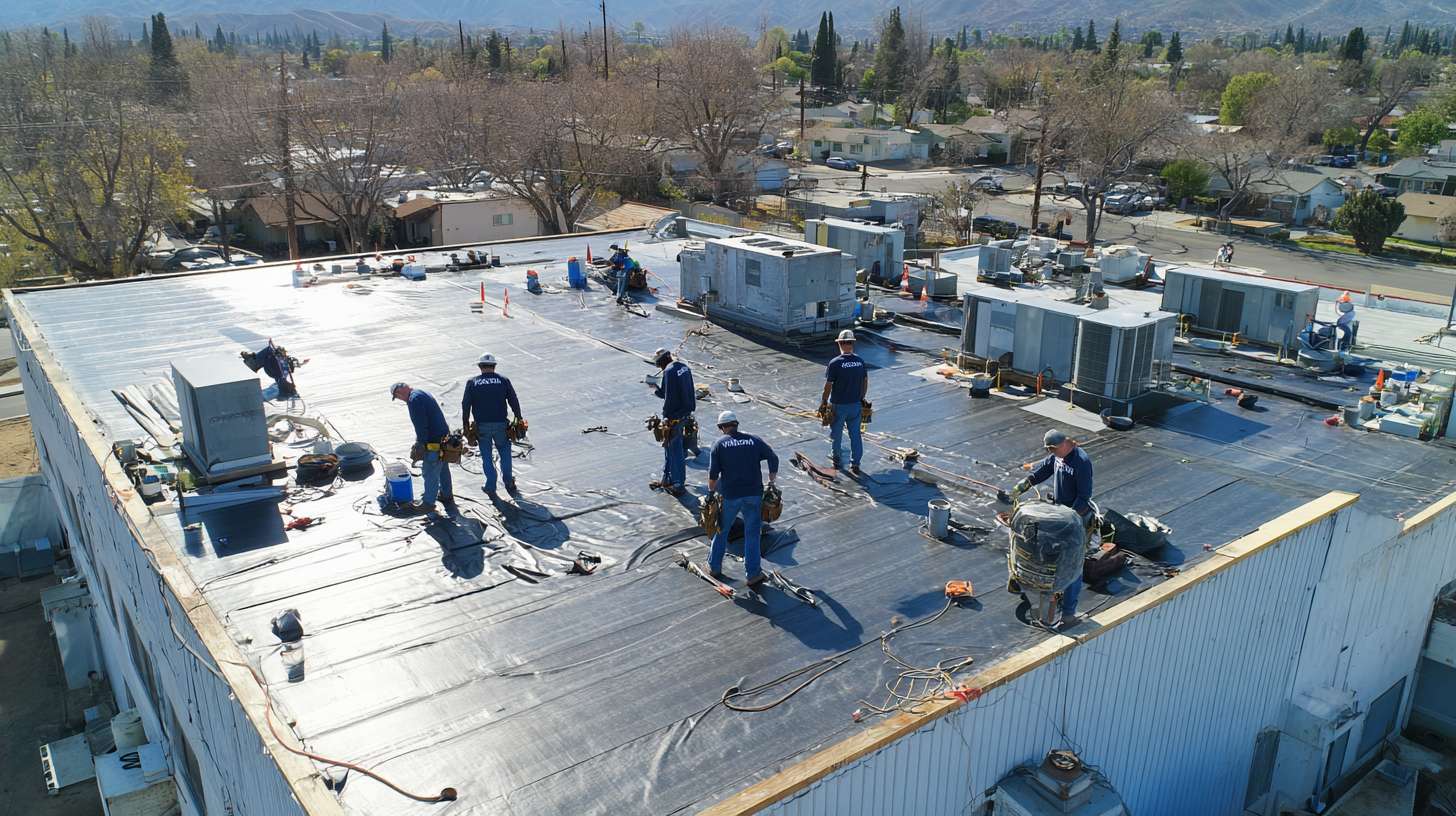 Glen Cove flat roof installation team working on commercial building Professional roofers installing modern flat roofing system in Glen Cove Completed flat roof installation on Glen Cove residential property Flat roof materials and tools used by Glen Cove roofing contractors Glen Cove skyline showing commercial buildings with flat roofs