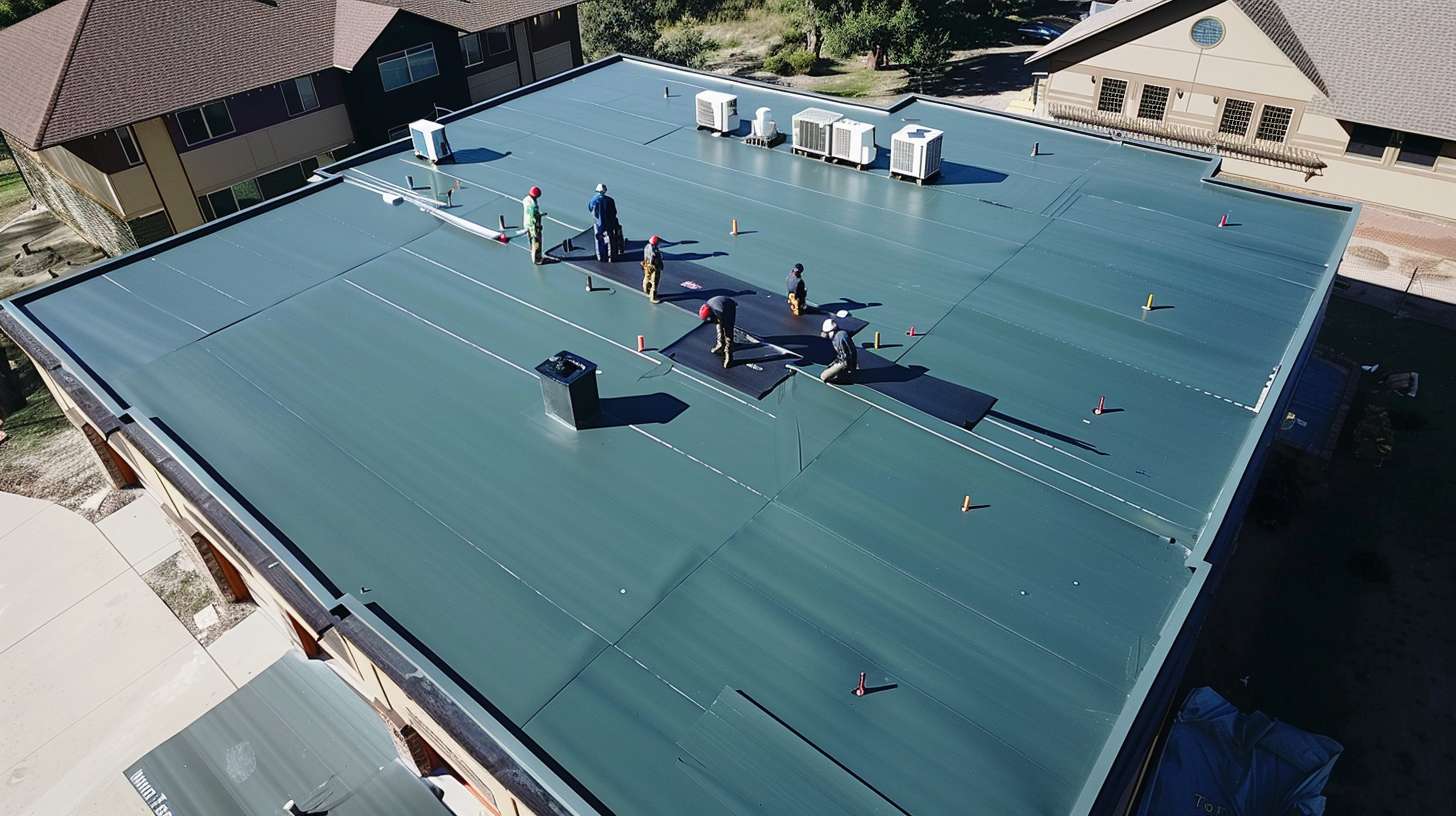 Professional flat roof installation on commercial building in Great Neck Roofer applying waterproof membrane to flat roof surface Close-up of properly sealed flat roof drainage system Completed flat roof with protective coating and clean finish