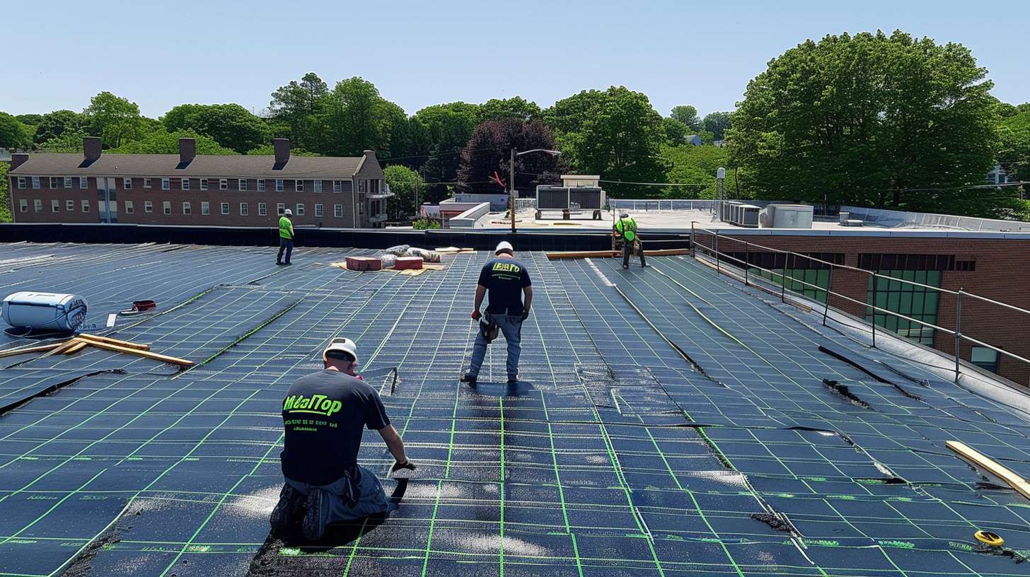 Flat roof with standing water and drainage issues in Nassau County Roofing contractor installing tapered insulation system on flat roof Cross-section diagram showing proper roof slope for water drainage Worker applying modified bitumen roofing membrane with drainage slope Completed sloped roof with functional gutter system and proper pitch Nassau County residential building with newly sloped flat roof repair