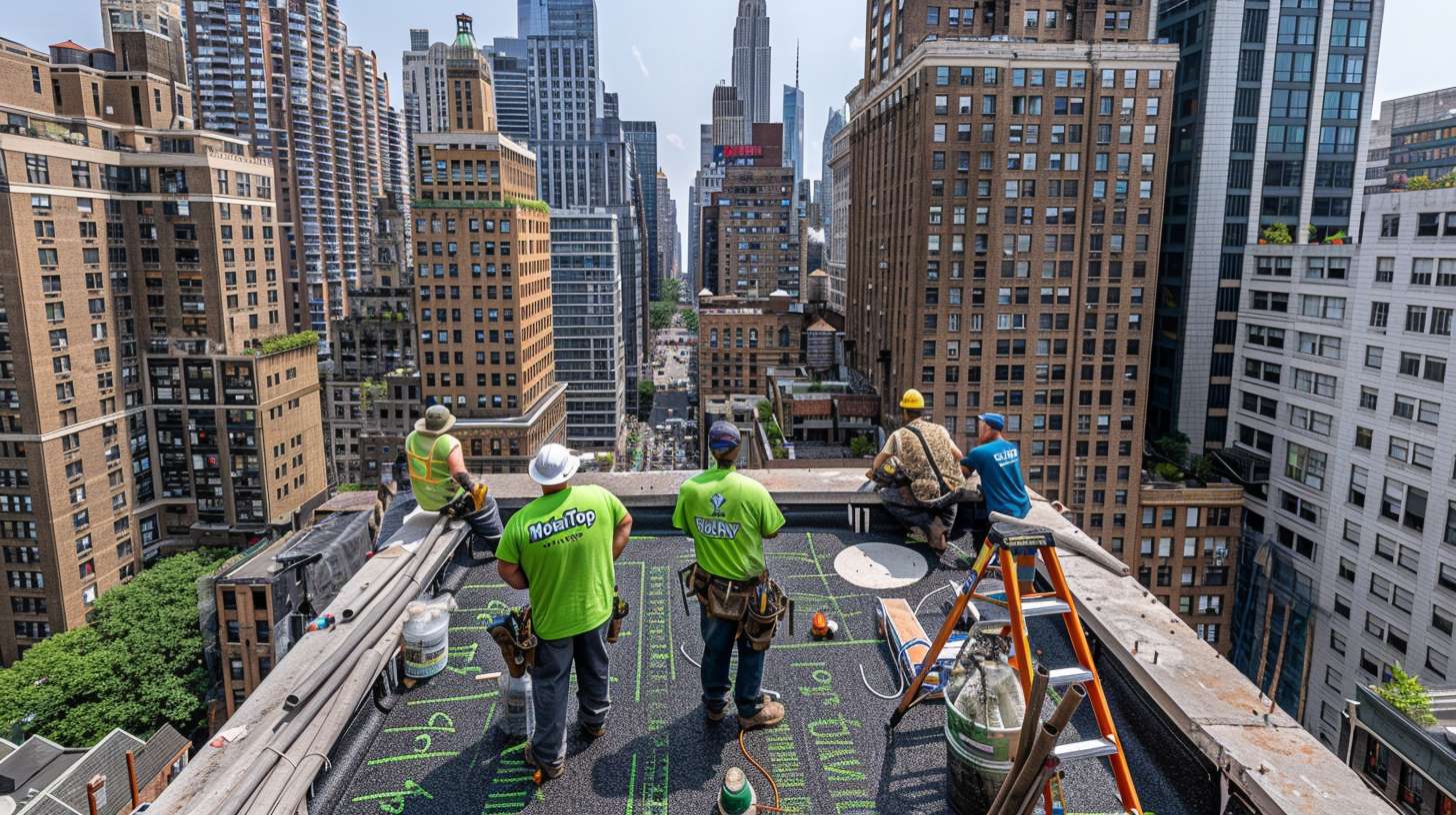 Professional roofer installing flat roofing materials on a commercial building in Nassau County