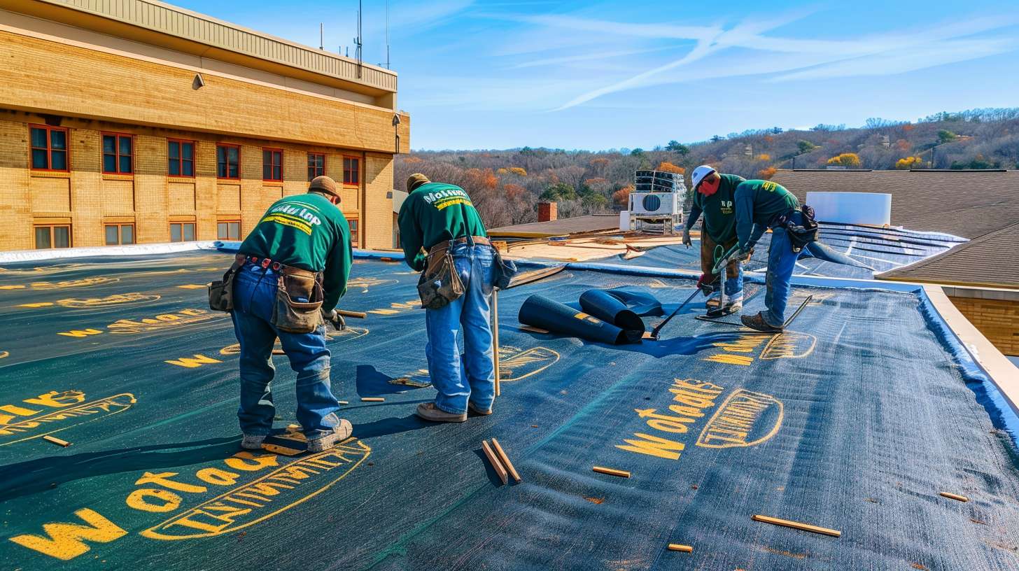 Roofer applying patch material to repair leak on flat commercial roof in Nassau County