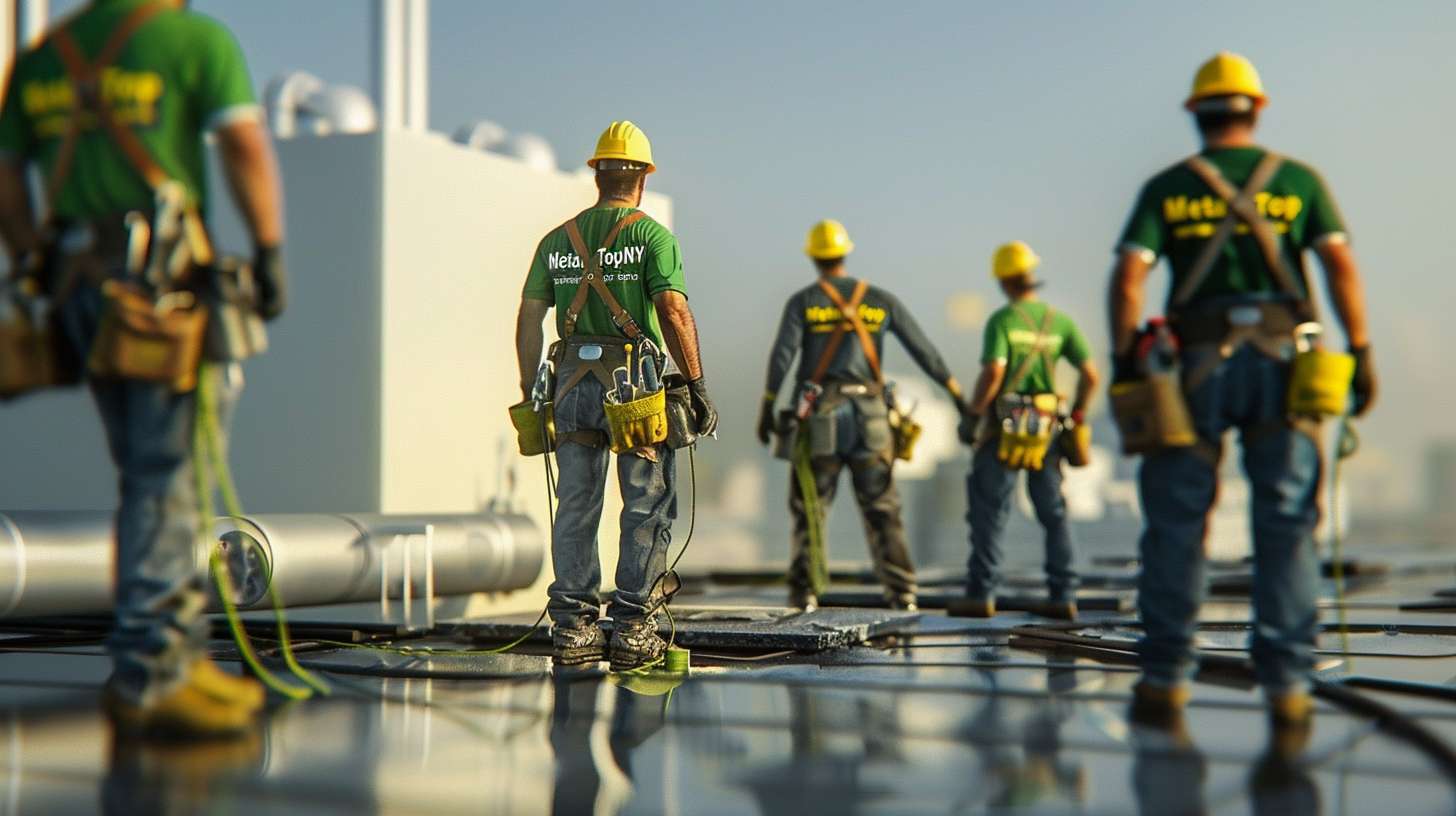 Professional roofer applying sealant to flat roof surface in Nassau County Close-up of roofing materials and tools used for flat roof sealing Completed sealed flat roof showing waterproof coating and proper drainage Roofer inspecting flat roof for damage before sealing process begins Cross-section diagram showing layers of proper flat roof sealing system