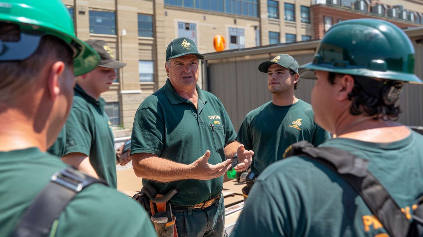 Professional roofer inspecting and repairing a flat roof leak with specialized tools and materials