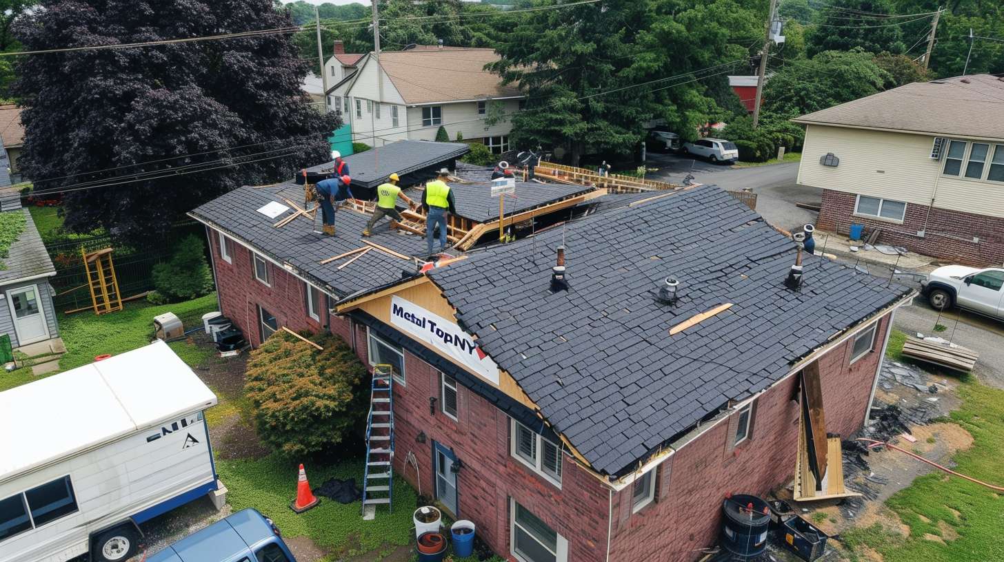Roofer applying waterproof membrane to flat roof surface in Nassau County
