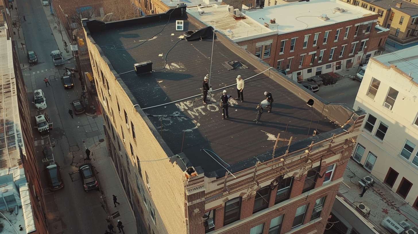 Professional gutter installation on a flat roof in Nassau County, New York