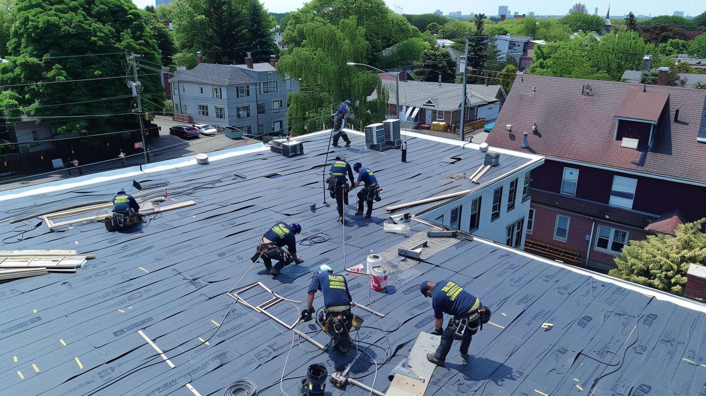 Flat roof with evenly spaced outdoor lights illuminating the rooftop at dusk in Nassau County