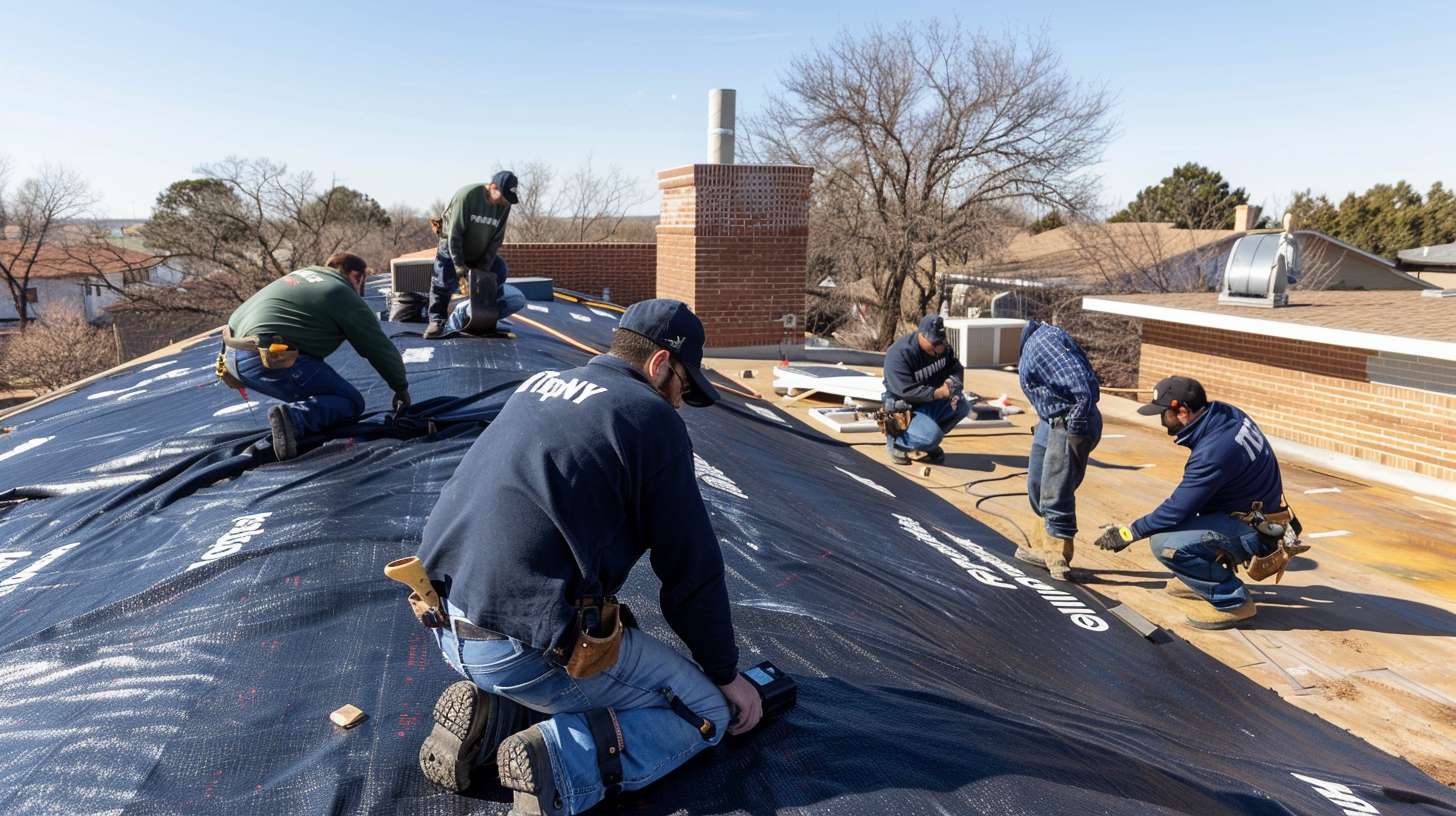 Professional flat roofing contractor installing commercial roof membrane in Elmont, NY