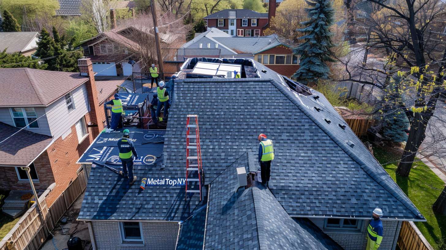 Professional flat roof installation on commercial building in Mineola with workers applying roofing materials