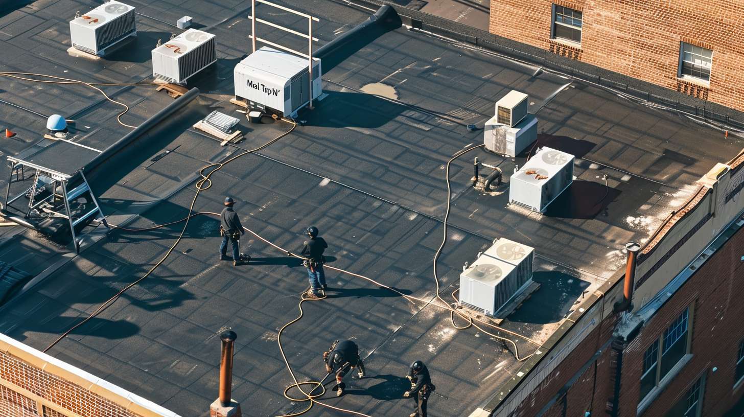 Roofer applying temporary patch to flat roof leak in Nassau County