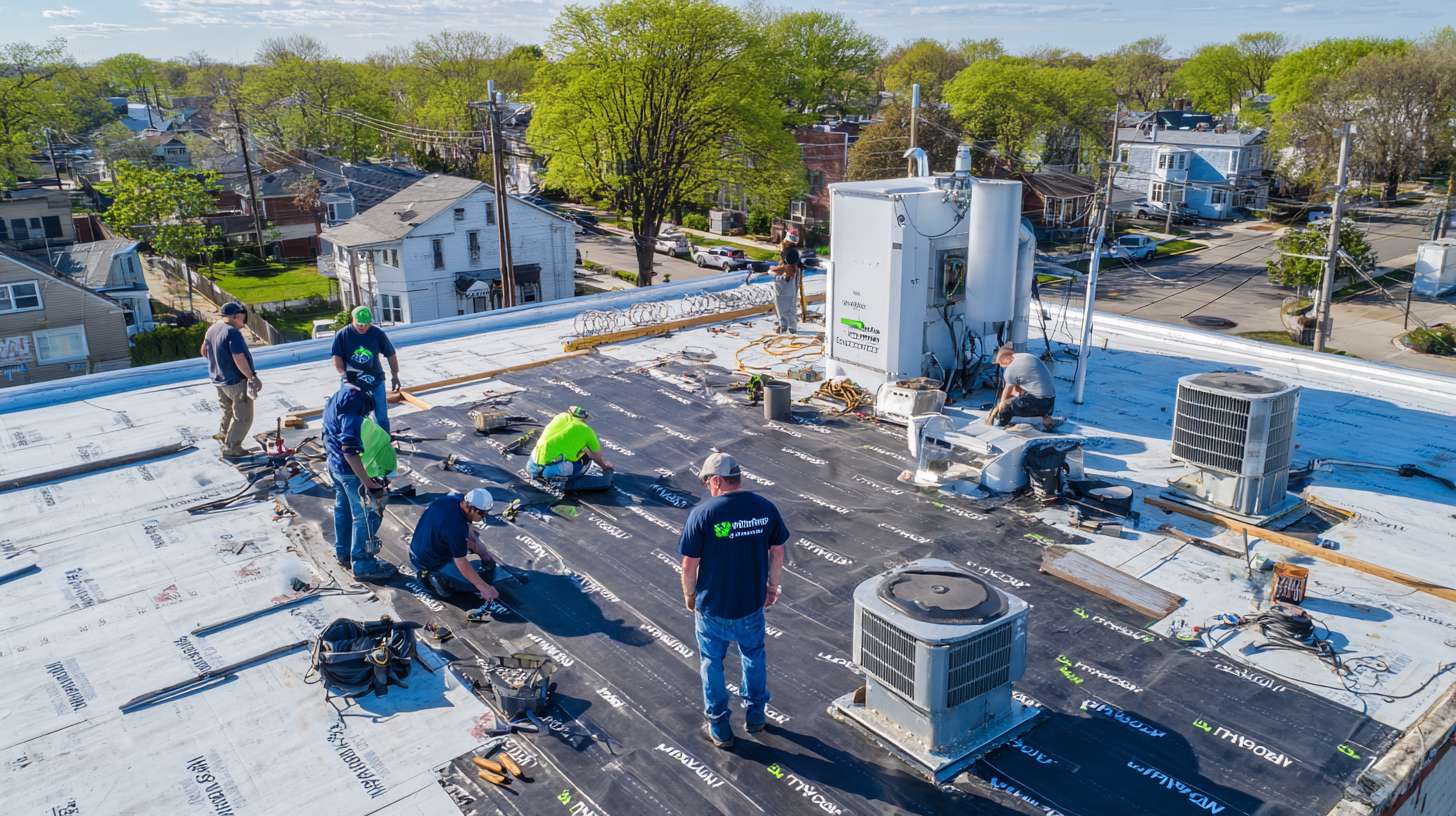 Professional roofer installing flat roofing system on Plandome commercial building