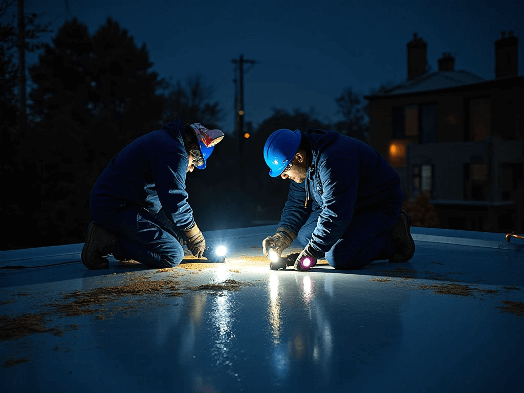 Platinum Flat Roofing Portrait Image of roofers doing roof repair at night