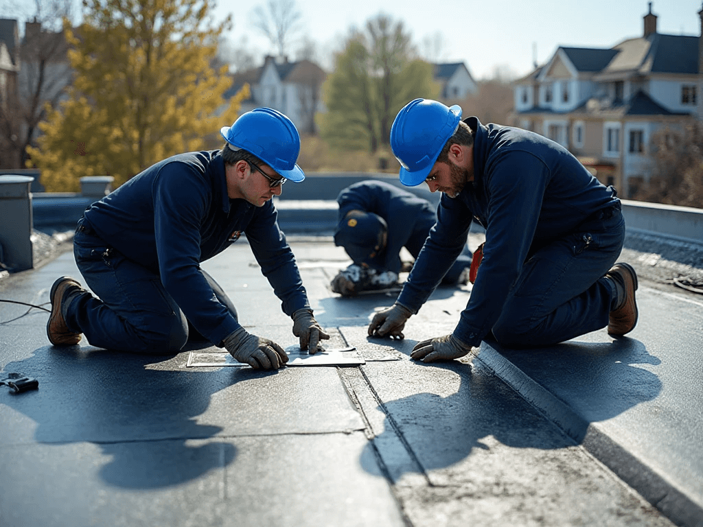 Platinum Flat Roofing Portrait Image of professional roofers inspecting roof
