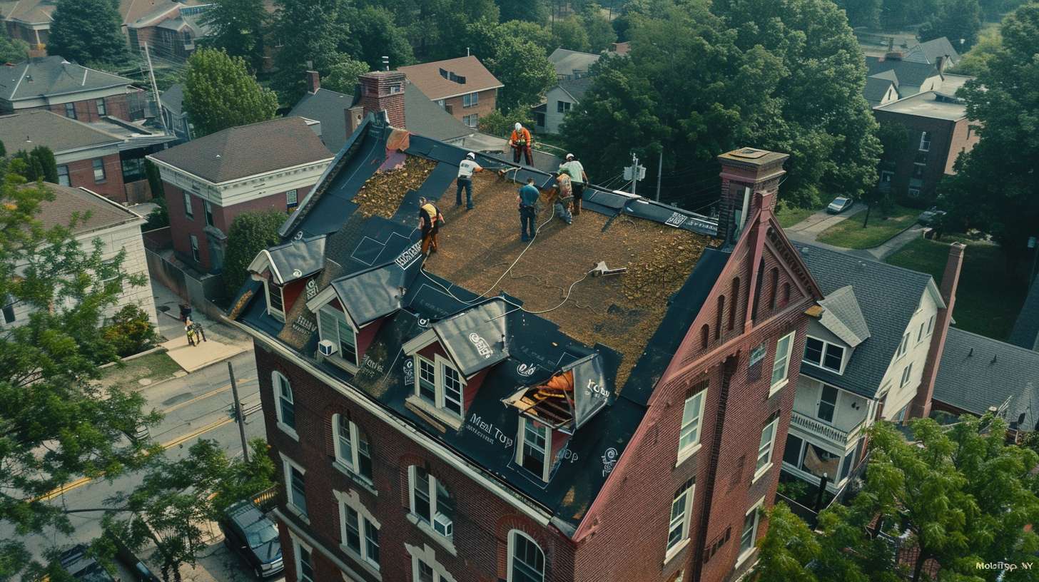 Professional flat roof replacement in progress on Port Washington commercial building Experienced roofing crew installing modern flat roof system with specialized equipment Completed flat roof replacement showing seamless waterproof membrane installation Port Washington flat roof specialists inspecting and measuring commercial rooftop High-quality EPDM rubber roofing material being applied to flat commercial roof