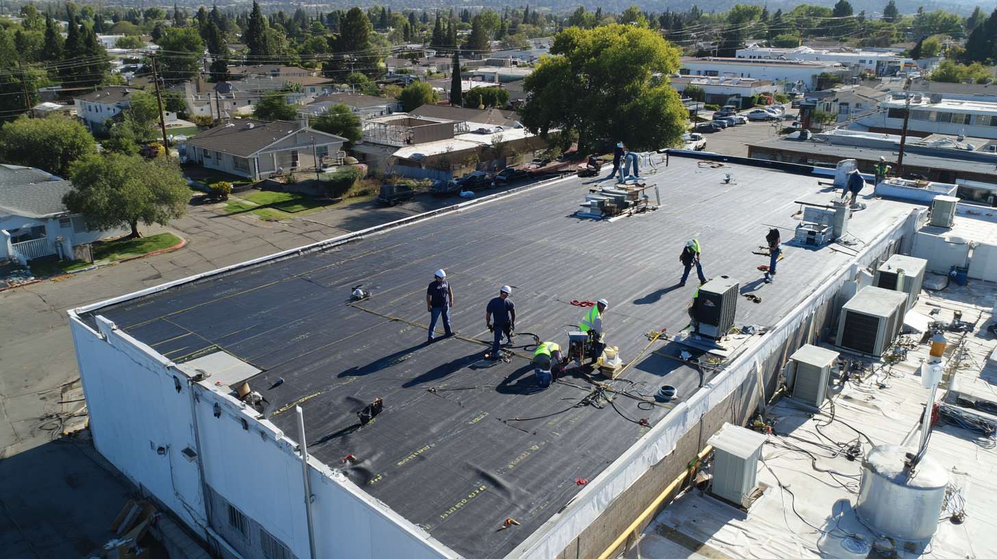 Professional roofer inspecting flat roof system in Nassau County Maintenance tools and equipment for flat roof repair work Close-up of flat roof membrane showing proper installation Worker applying waterproof coating to commercial flat roof Damaged flat roof surface requiring maintenance and repair Nassau County building with well-maintained flat roof system
