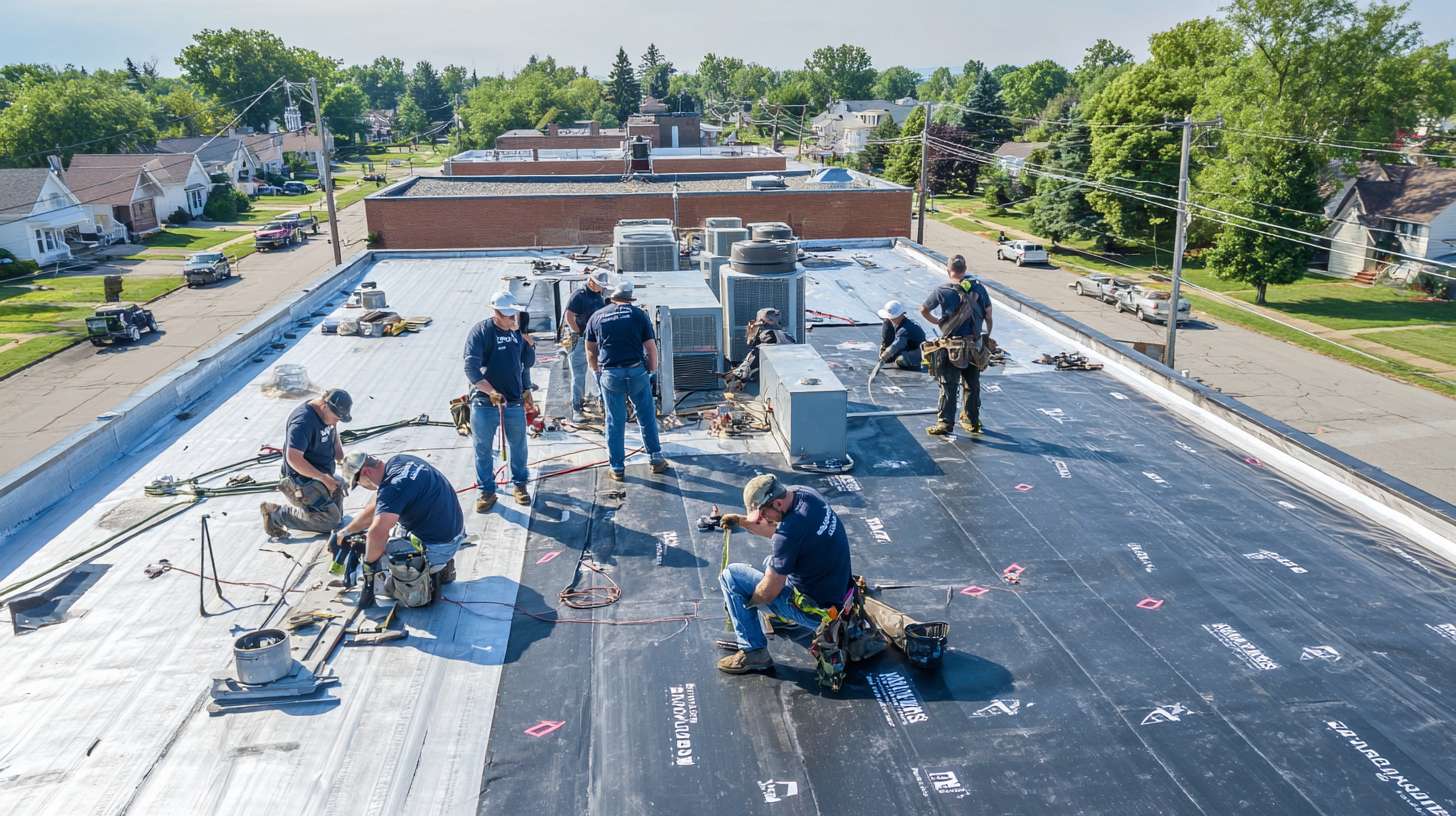 Professional flat roof installation team working on commercial building in Nassau County