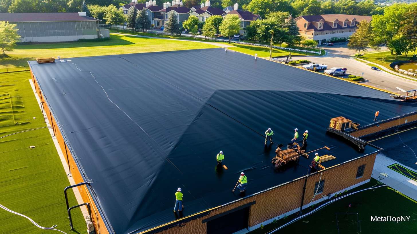 Professional roofer inspecting flat commercial roof in Nassau County Maintenance worker applying sealant to flat roof membrane Close-up of flat roof drainage system during inspection Roofing crew performing preventative maintenance on commercial flat roof Before and after comparison of restored flat roof surface