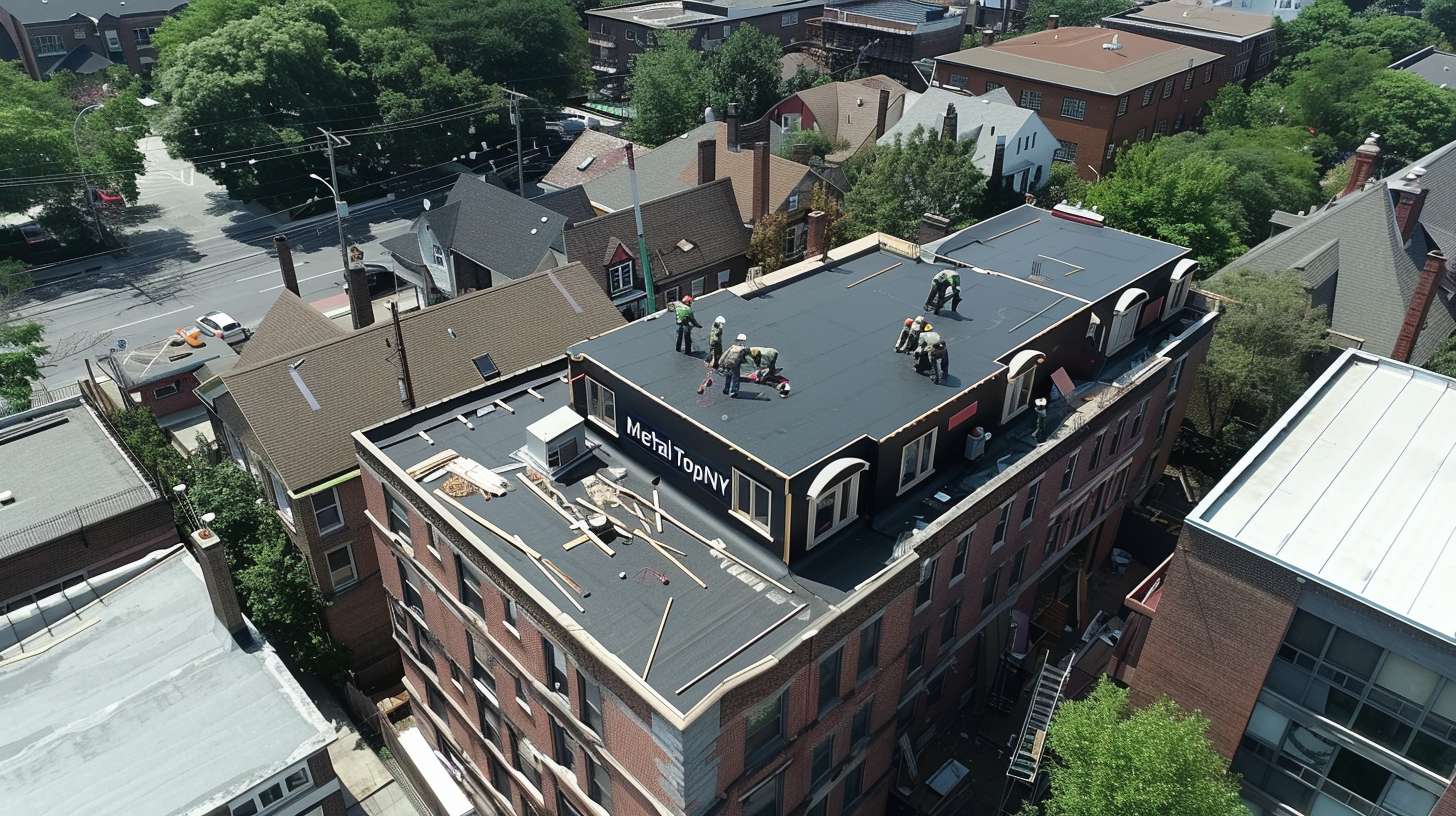 Professional roofer installing flat roofing system on commercial building in Nassau County