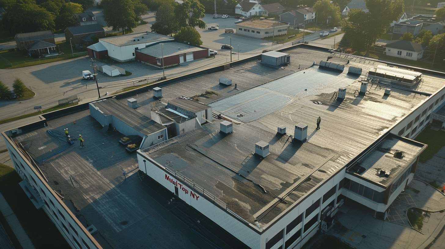 Professional roofer examining flat roof surface for damage and wear in Nassau County